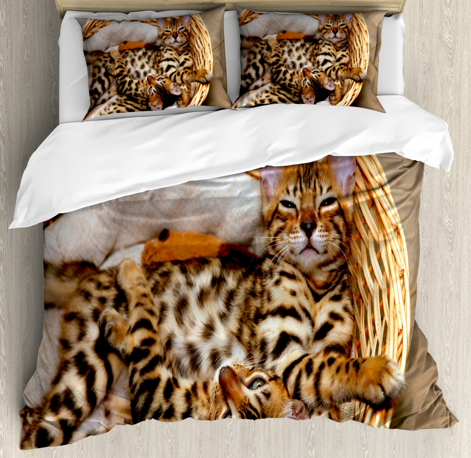 Kitten Duvet Cover Set With Pillow Shams Bengal Cats In Basket Print EBay