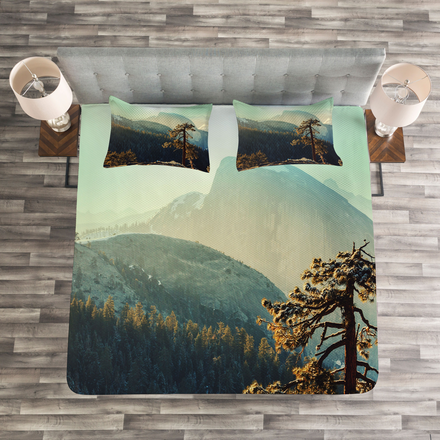 American Quilted Bedspread & Pillow Shams Set Misty Morning Yosemite Print
