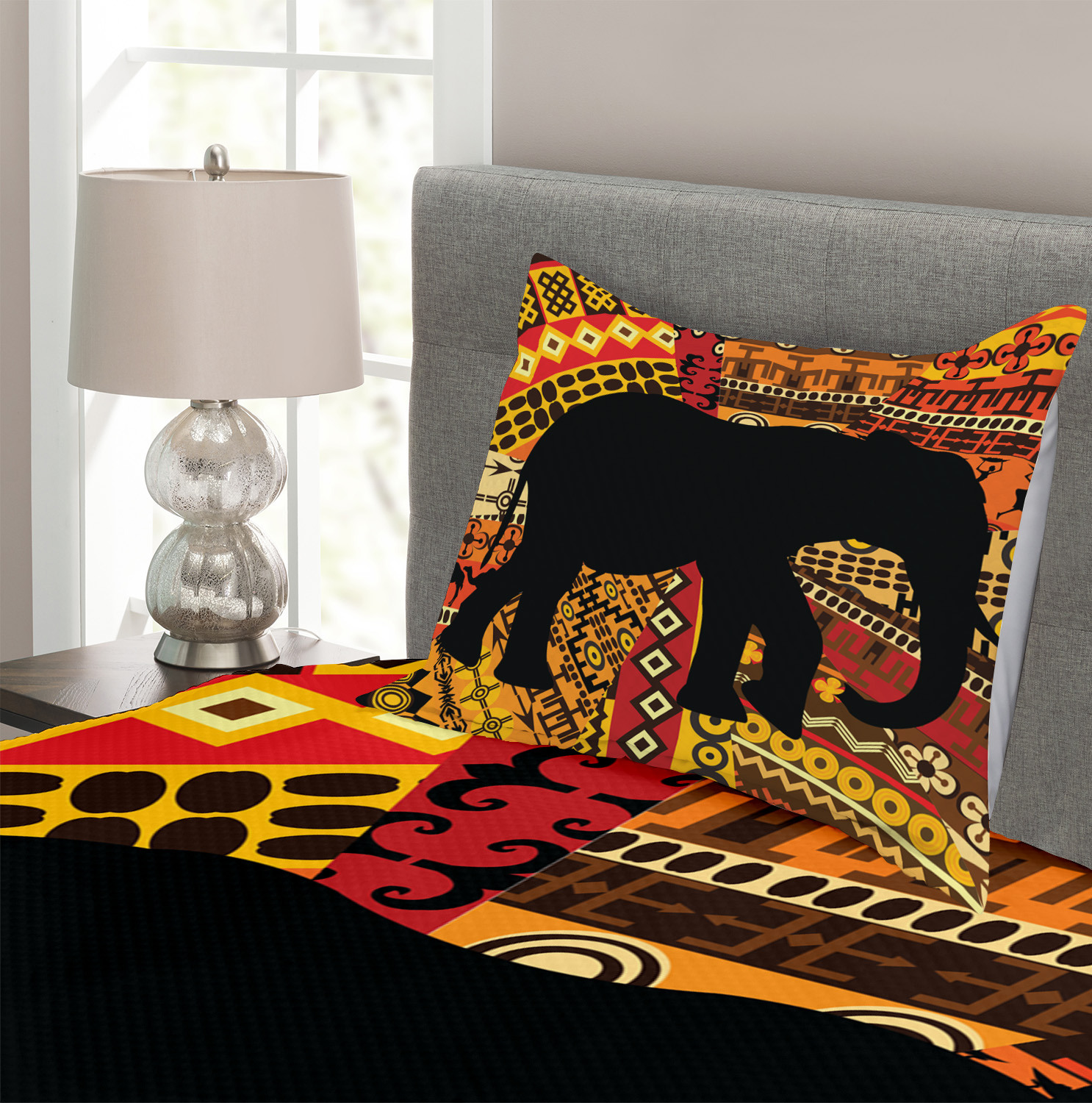 Walking Down a Road Print Elephant Quilted Bedspread & Pillow Shams Set 
