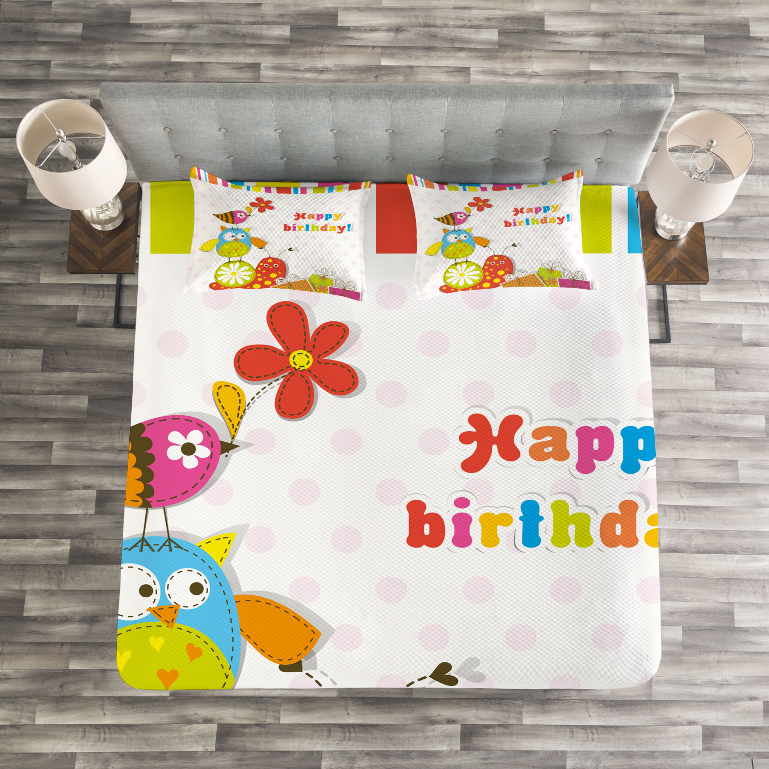 Party Quilted Bedspread & Pillow Shams Set Birthday Owls Birds Print