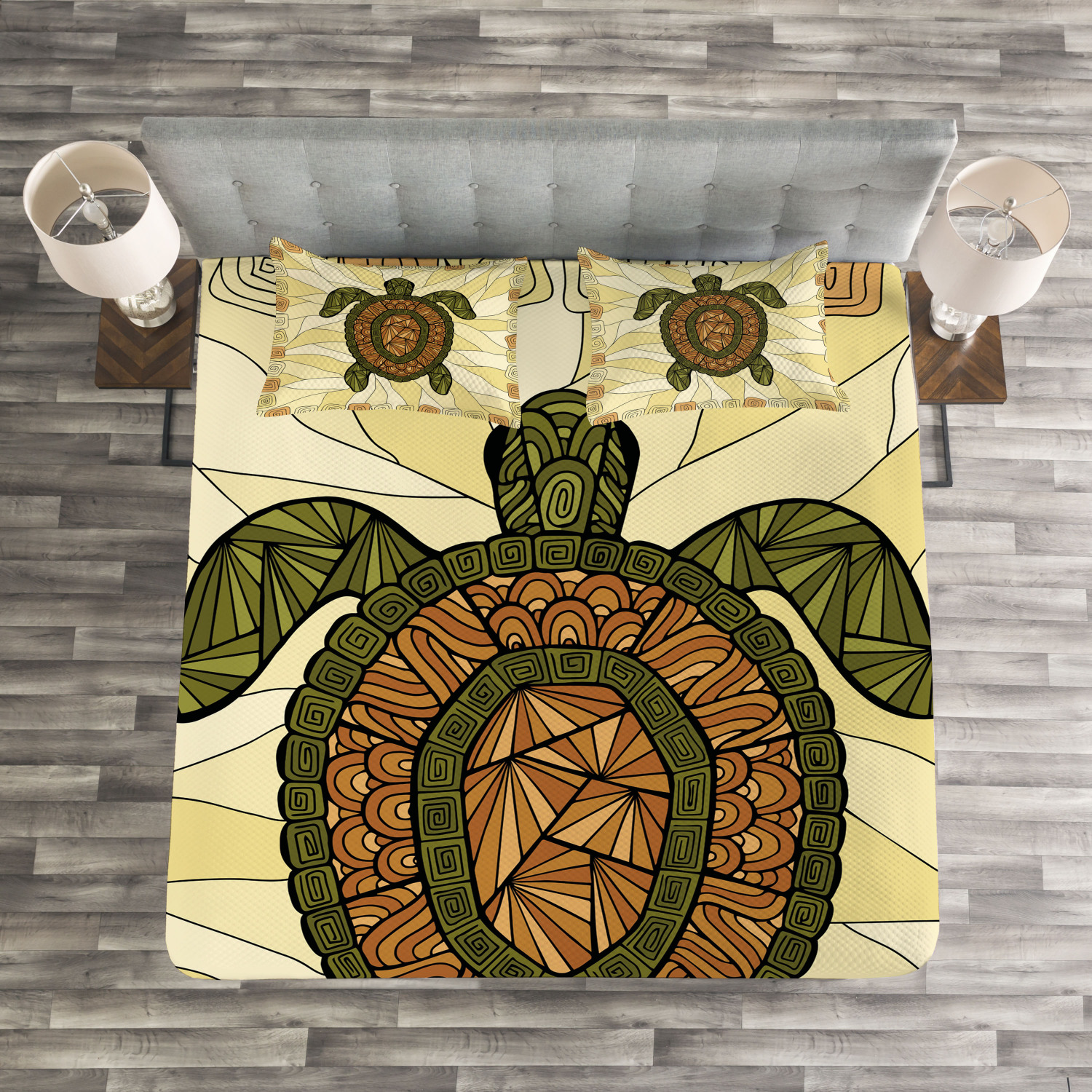 Boho Quilted Bedspread & Pillow Shams Set Turtle Zentangle Artwork Print