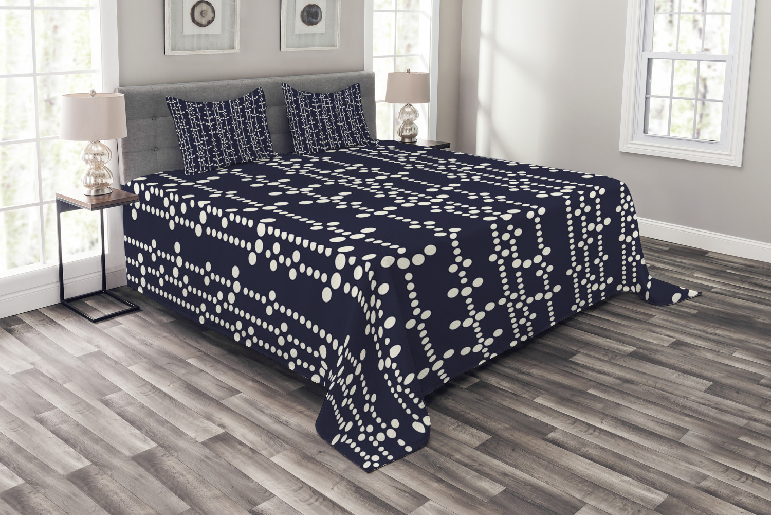 Geometric Quilted Bedspread & Pillow Shams Set Japanese Floor Style Print 