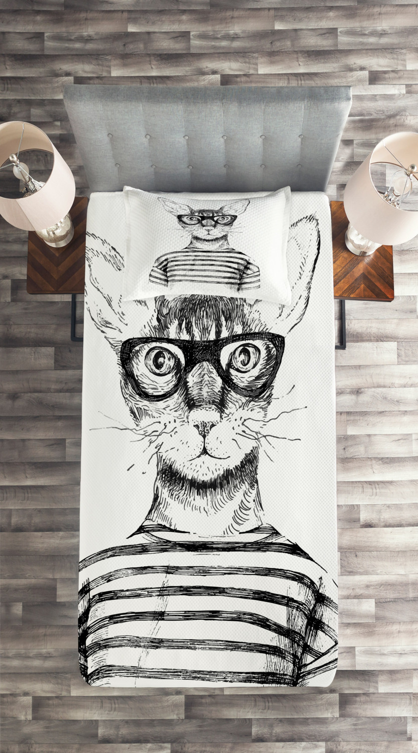 Cool Hipster Sunglasses Print Details about  / Cat Quilted Bedspread /& Pillow Shams Set