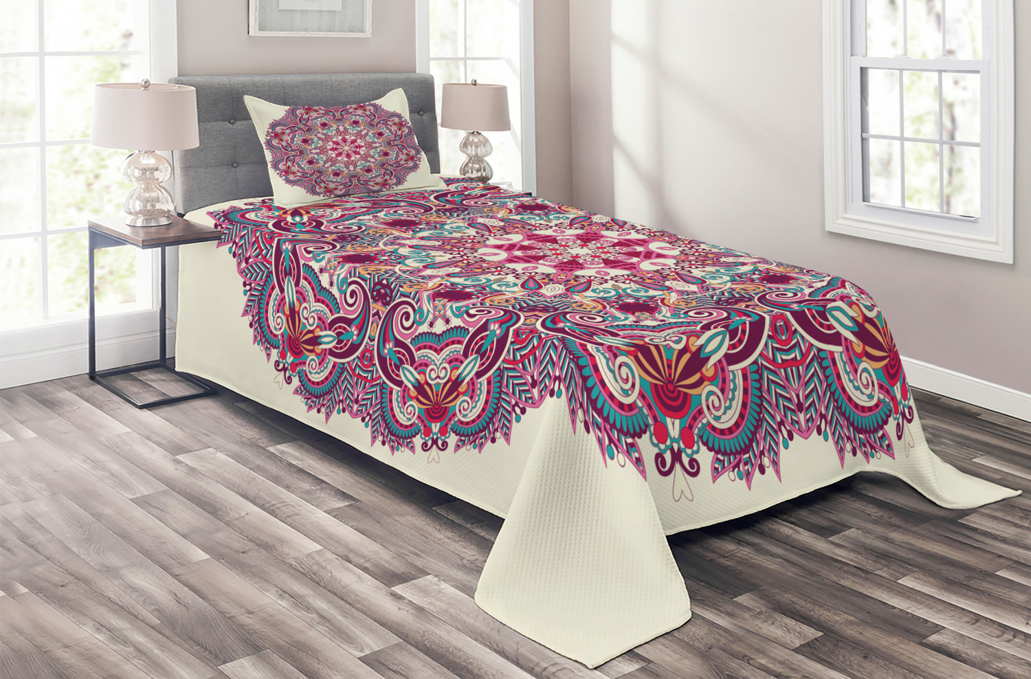 Mandala Flowers Print Details about   Ethnic Quilted Coverlet & Pillow Shams Set 