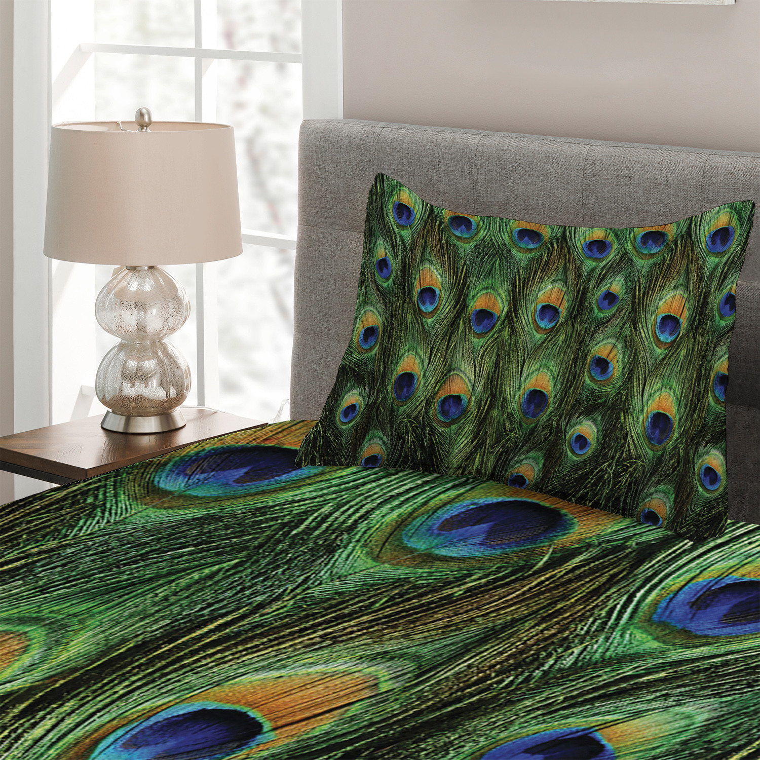 Exotic Animal Feathers Print Peacock Quilted Bedspread & Pillow Shams Set 