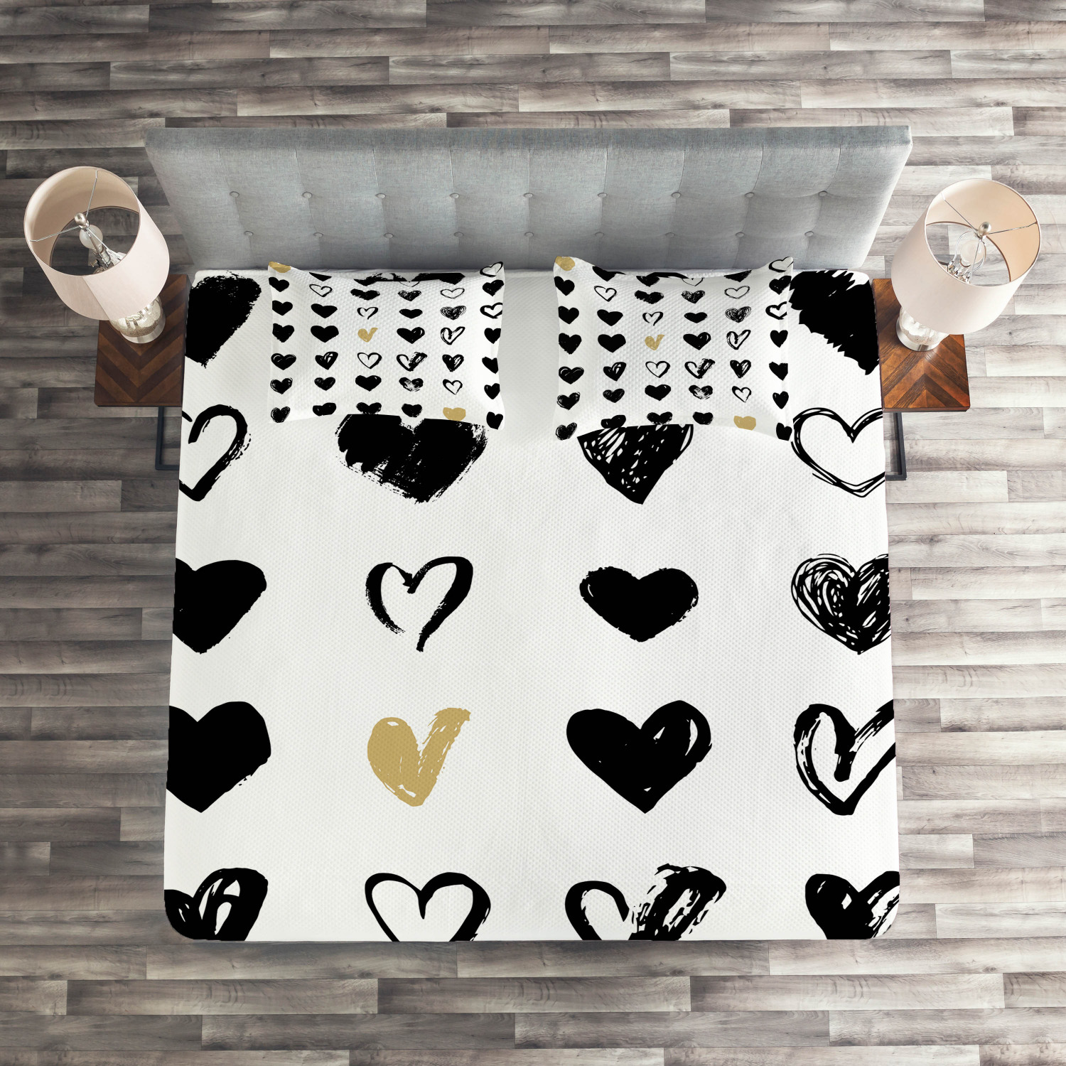 Love Quilted Coverlet & Pillow Shams Set Small Heart Icons Hipster Print