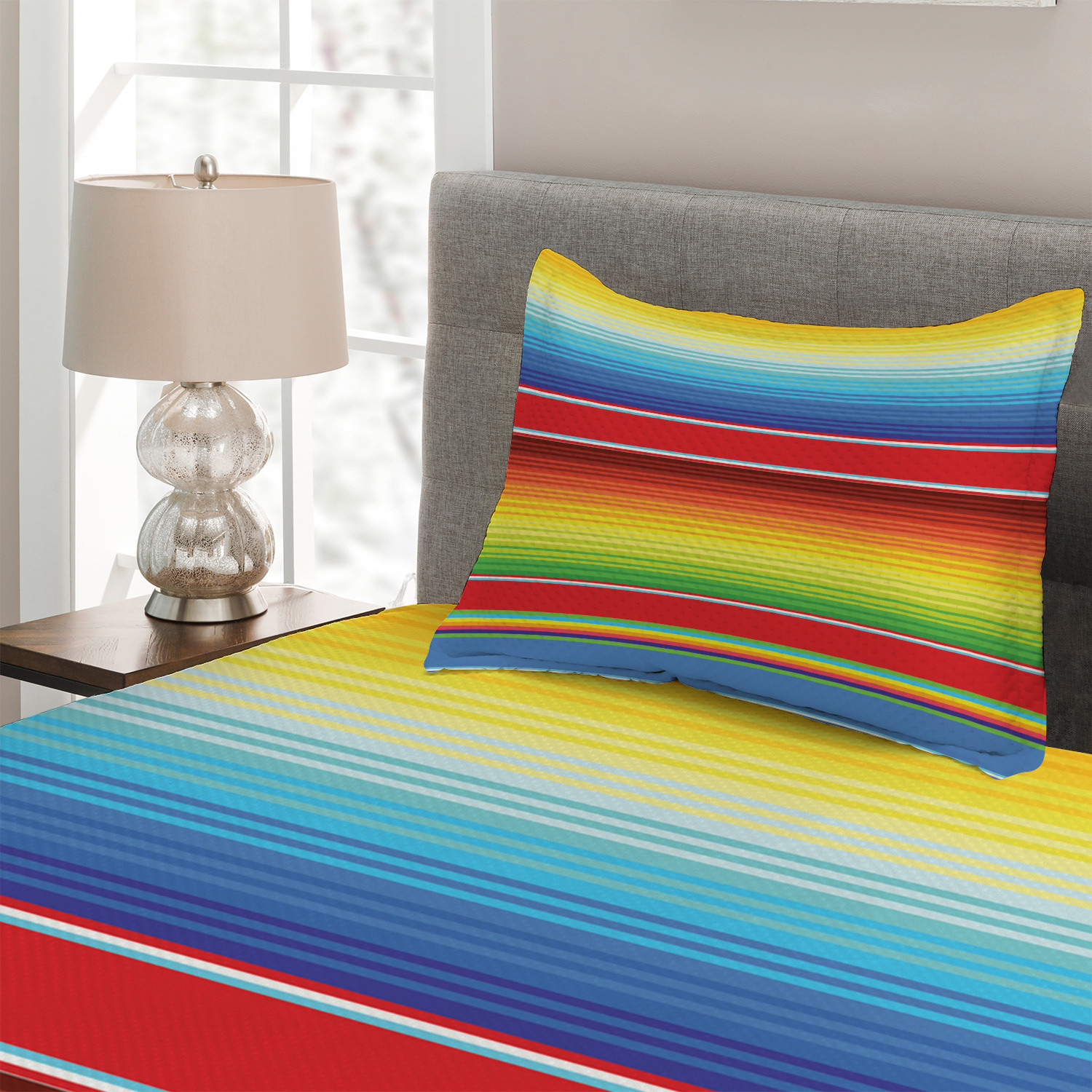 Rainbow Quilted Bedspread & Pillow Shams Set Mexican Ethnic Pattern Print