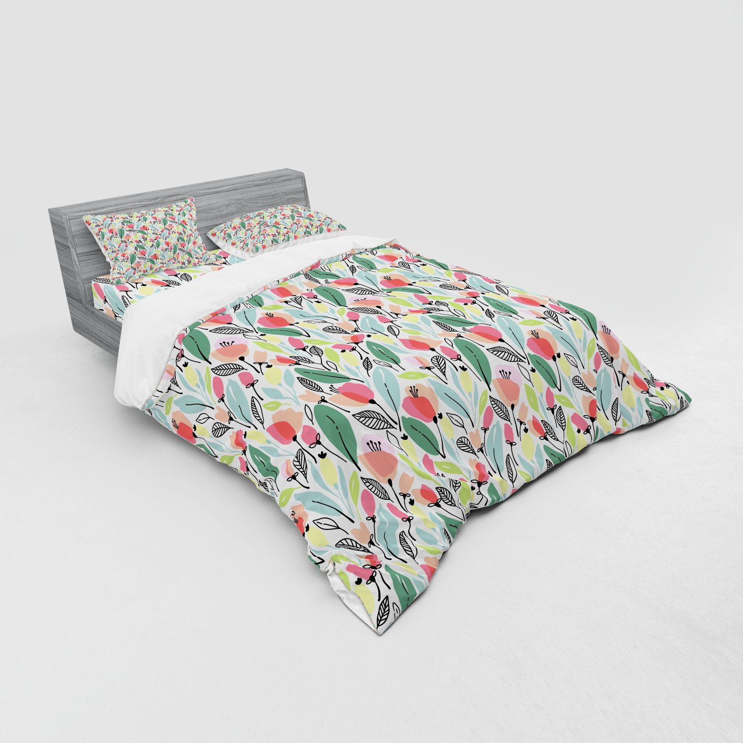 Ambesonne Leaf Print Bedding Set Duvet Cover Sham Fitted Sheet in 3 Sizes - Picture 84 of 228