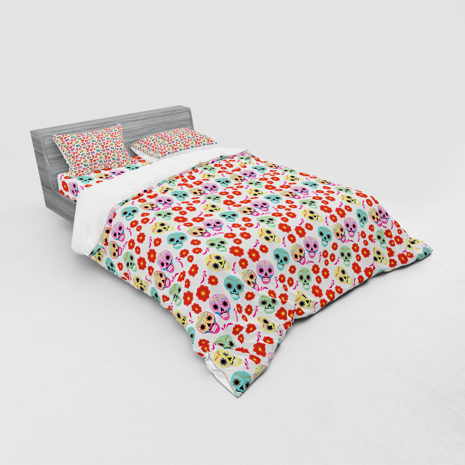 Ambesonne Sugar Skull Bedding Set Duvet Cover Sham Fitted Sheet in 3 Sizes