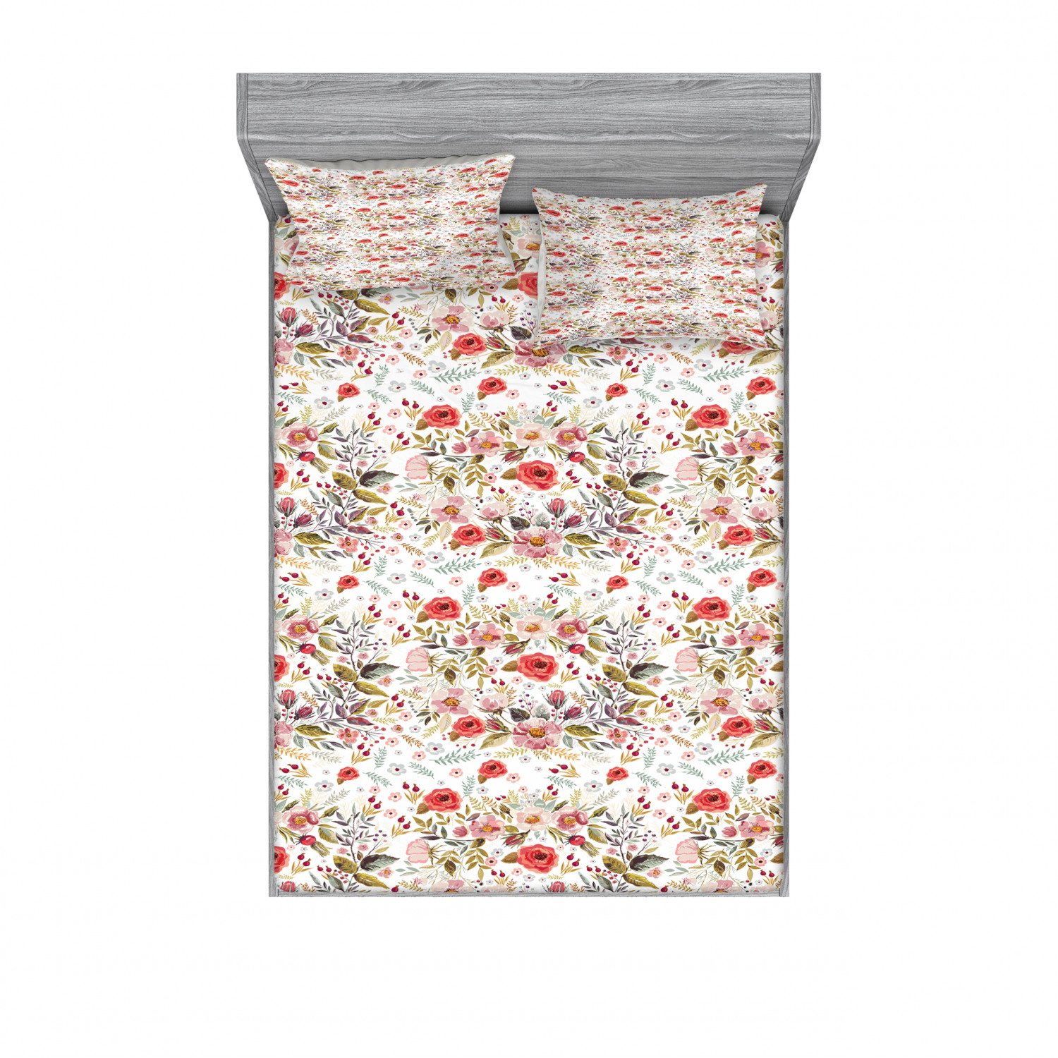 Ambesonne Floral Vintage Fitted Sheet Pillow Sham Set Bedding Decor in 4 Sizes - Picture 207 of 244