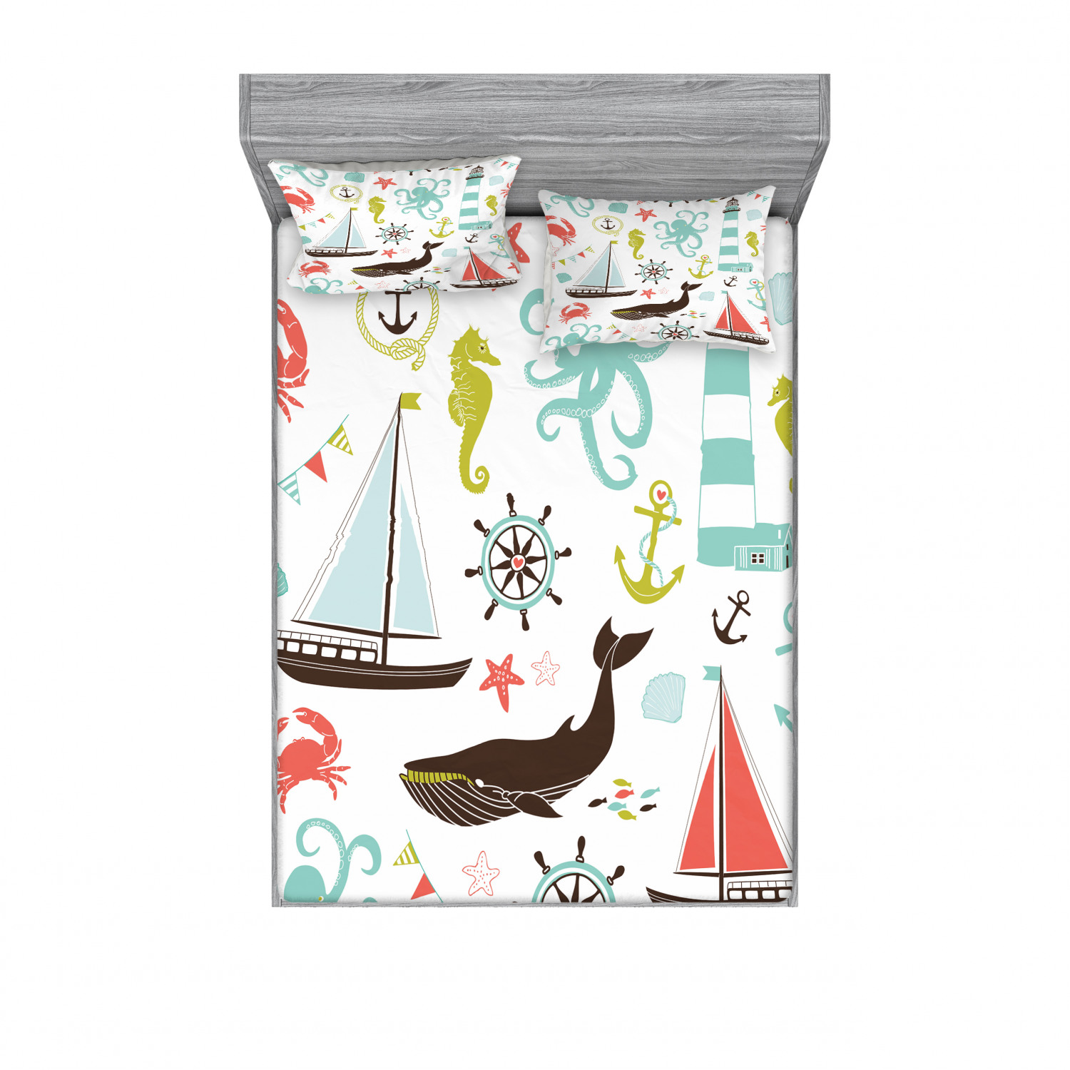 Ambesonne Nautical Theme Fitted Sheet Pillow Sham Set Bedding Decor in 4 Sizes - Picture 131 of 244
