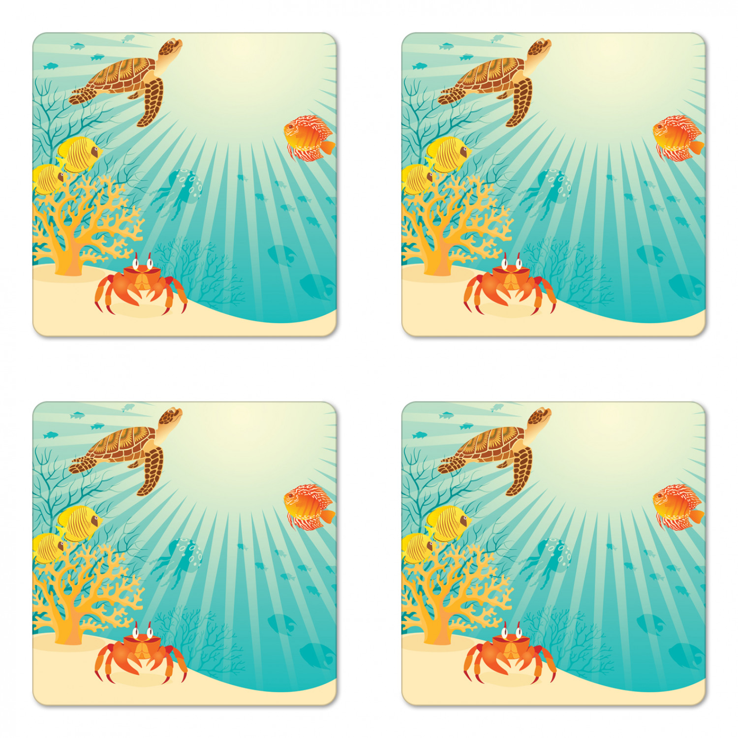 Ambesonne Fish Ornament Coaster Set of 4 Square Hardboard Gloss Coasters