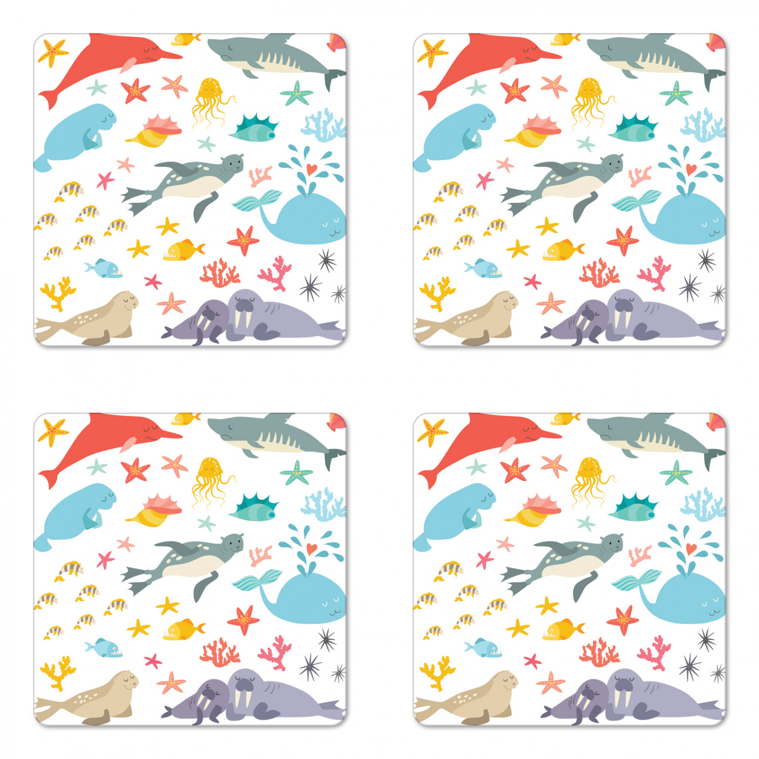 Ambesonne Fish Ornament Coaster Set of 4 Square Hardboard Gloss Coasters