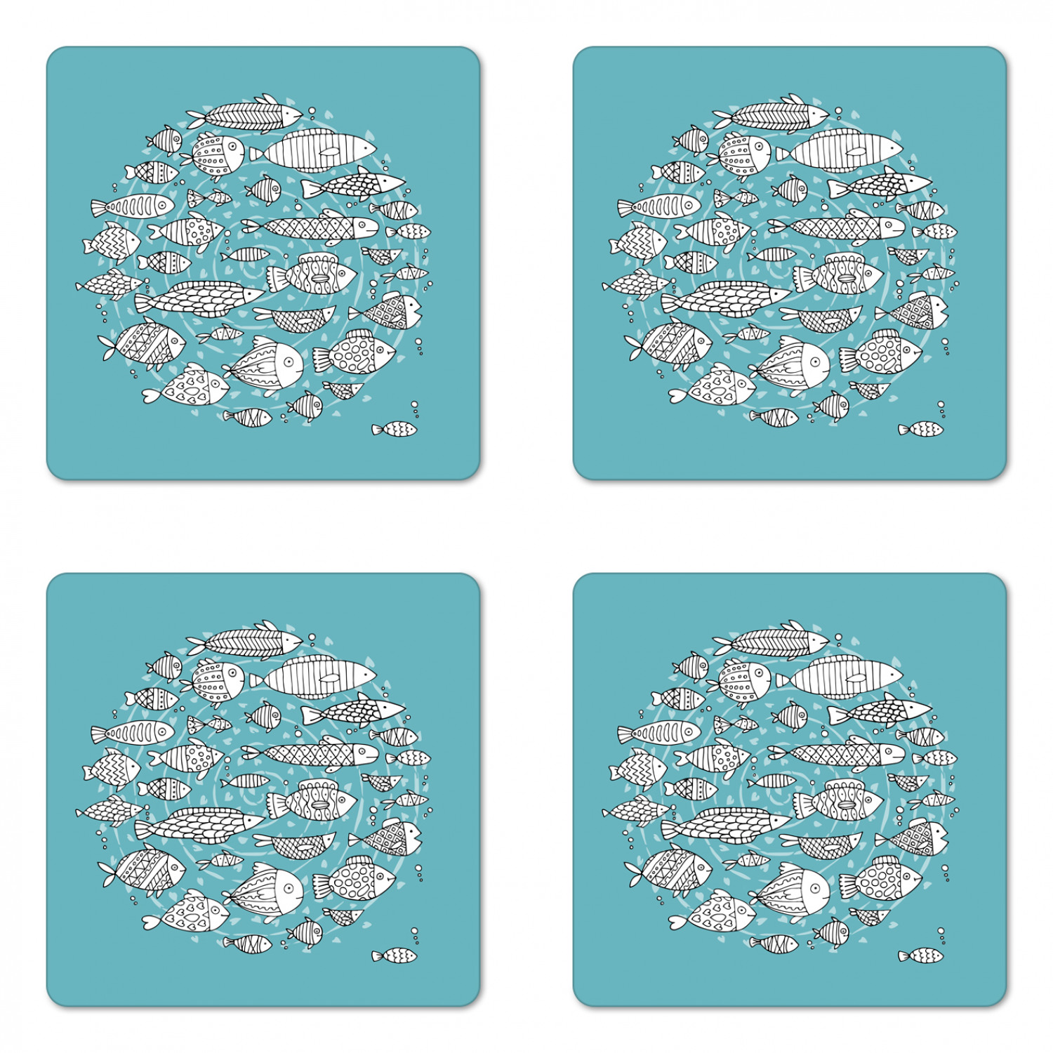 Ambesonne Fish Ornament Coaster Set of 4 Square Hardboard Gloss Coasters