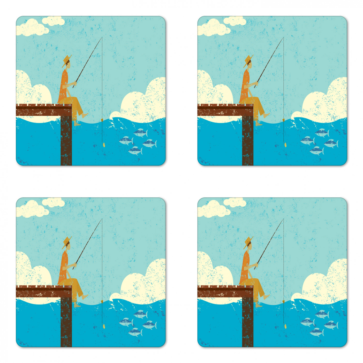 Ambesonne Fish Ornament Coaster Set of 4 Square Hardboard Gloss Coasters