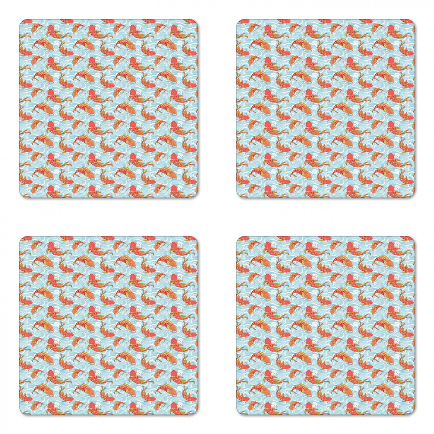 Ambesonne Fish Ornament Coaster Set of 4 Square Hardboard Gloss Coasters