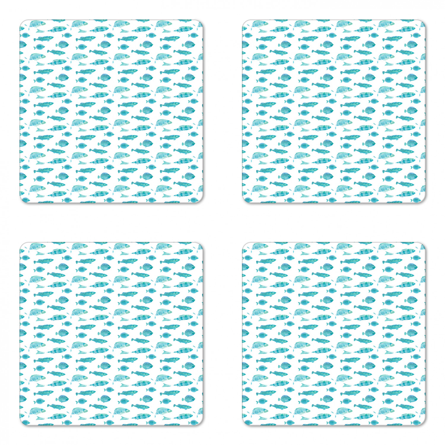 Ambesonne Fish Ornament Coaster Set of 4 Square Hardboard Gloss Coasters