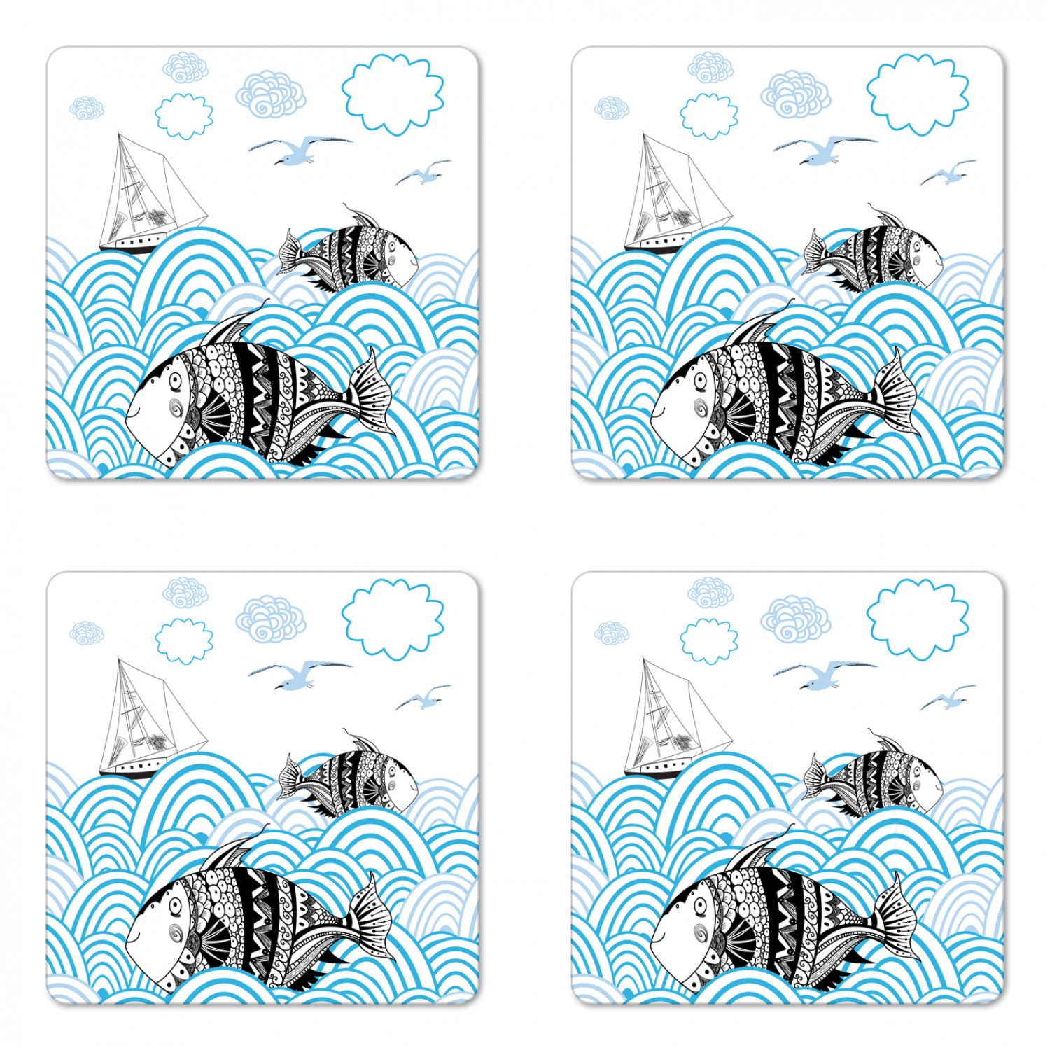 Ambesonne Fish Ornament Coaster Set of 4 Square Hardboard Gloss Coasters