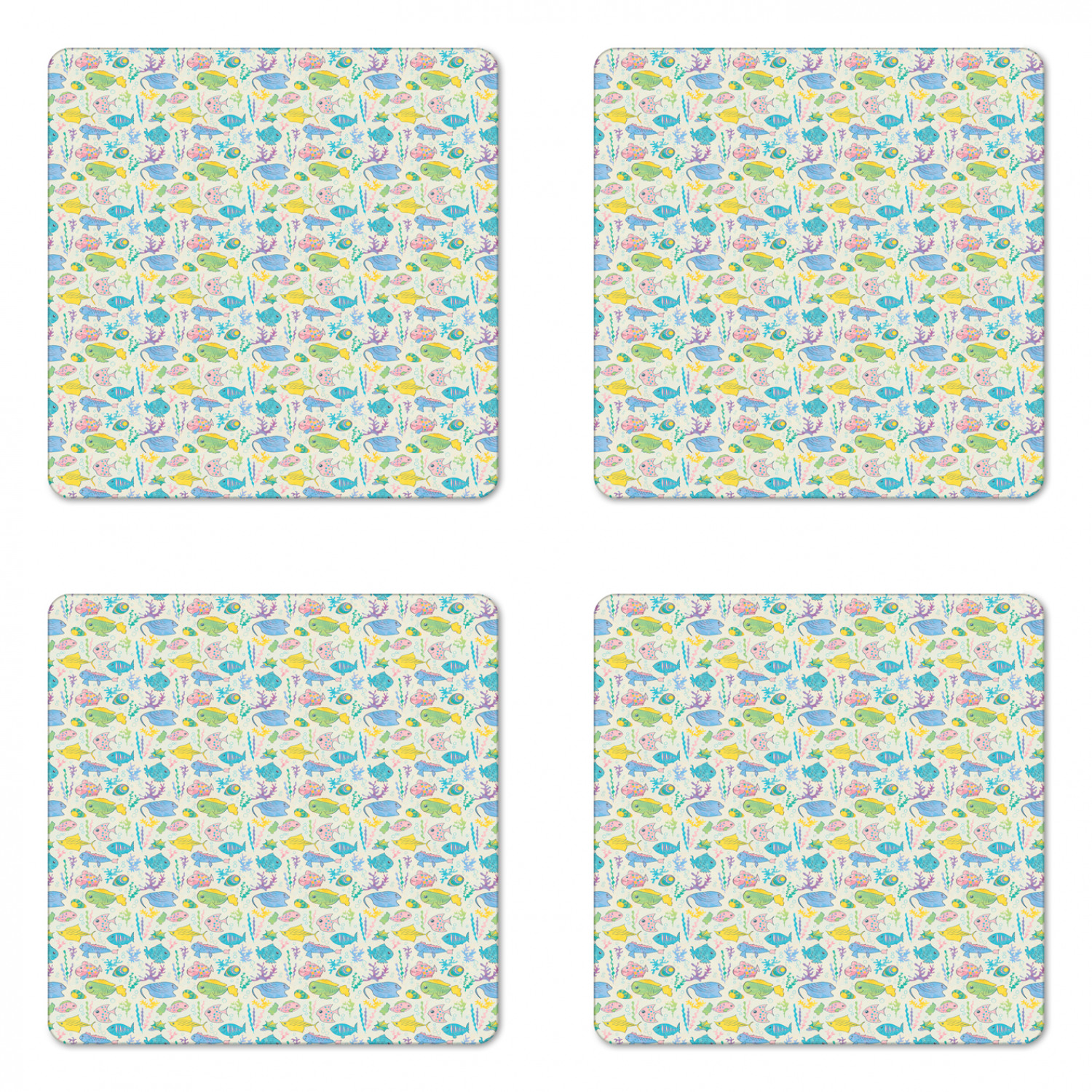 Ambesonne Fish Ornament Coaster Set of 4 Square Hardboard Gloss Coasters