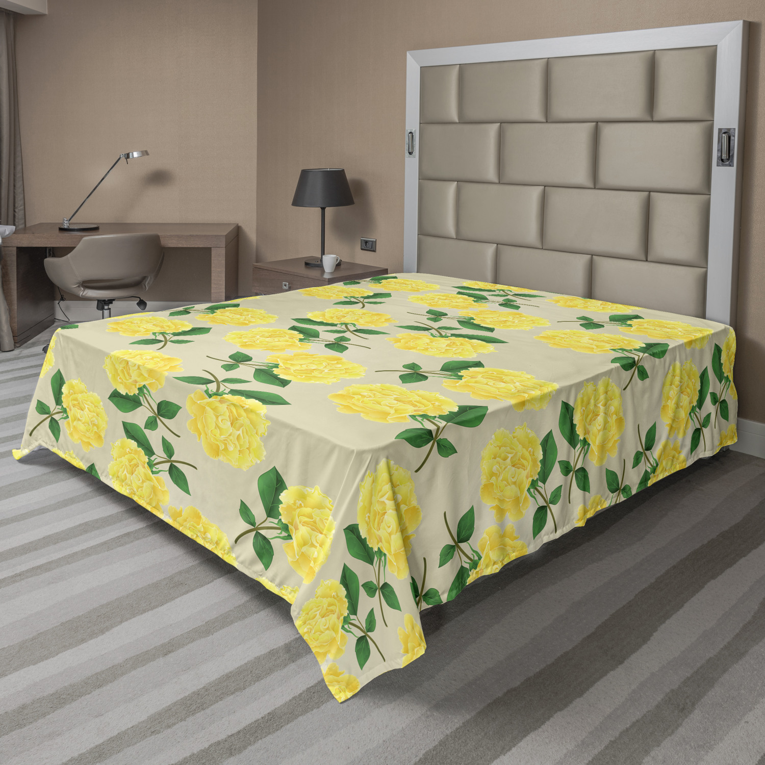 Ambesonne Floral Yellow Flat Sheet Top Sheet Decorative Bedding 6 Sizes 