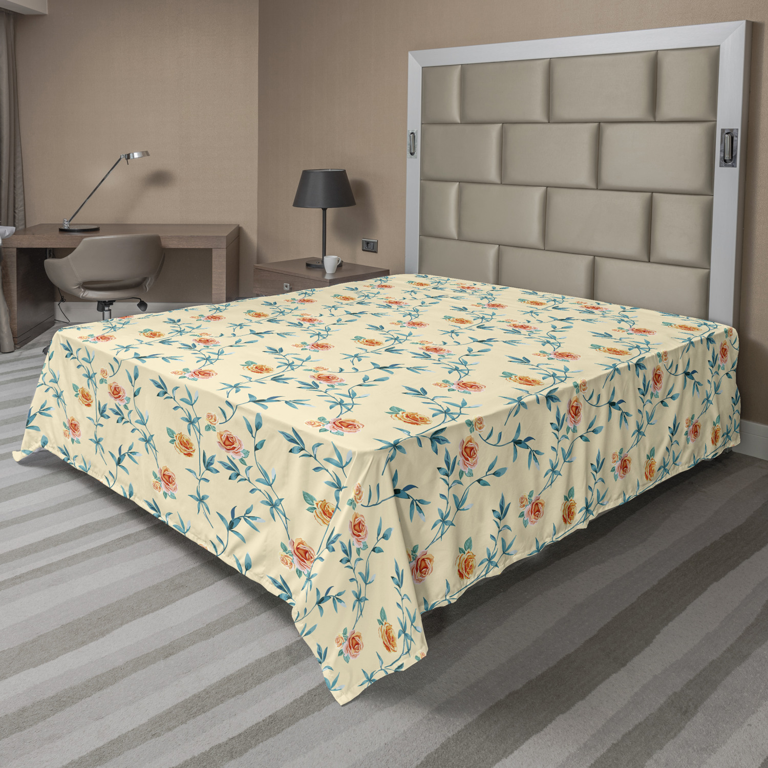 Ambesonne Floral Yellow Flat Sheet Top Sheet Decorative Bedding 6 Sizes 