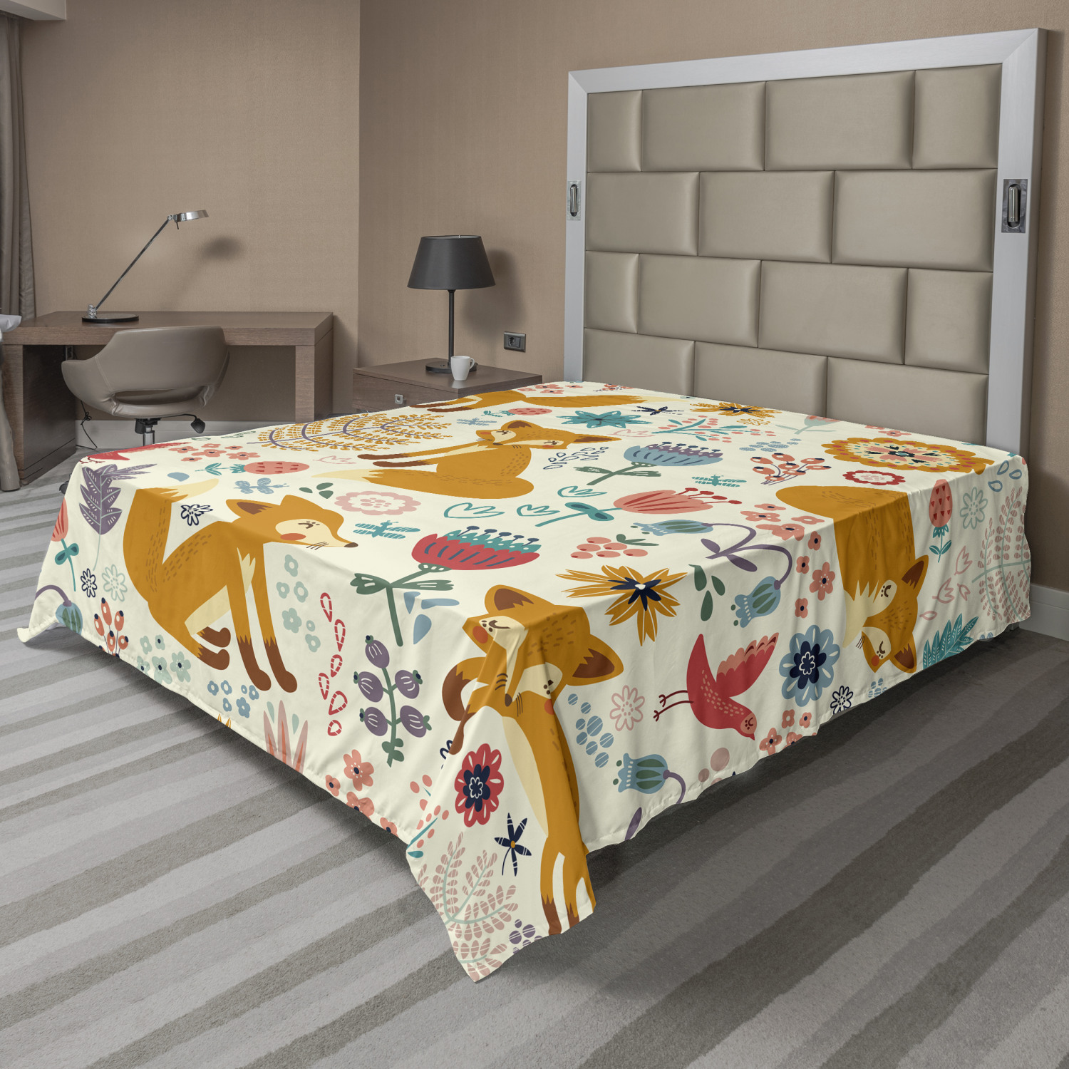 Ambesonne Fox Print Flat Sheet Top Sheet Decorative Bedding 6 Sizes 