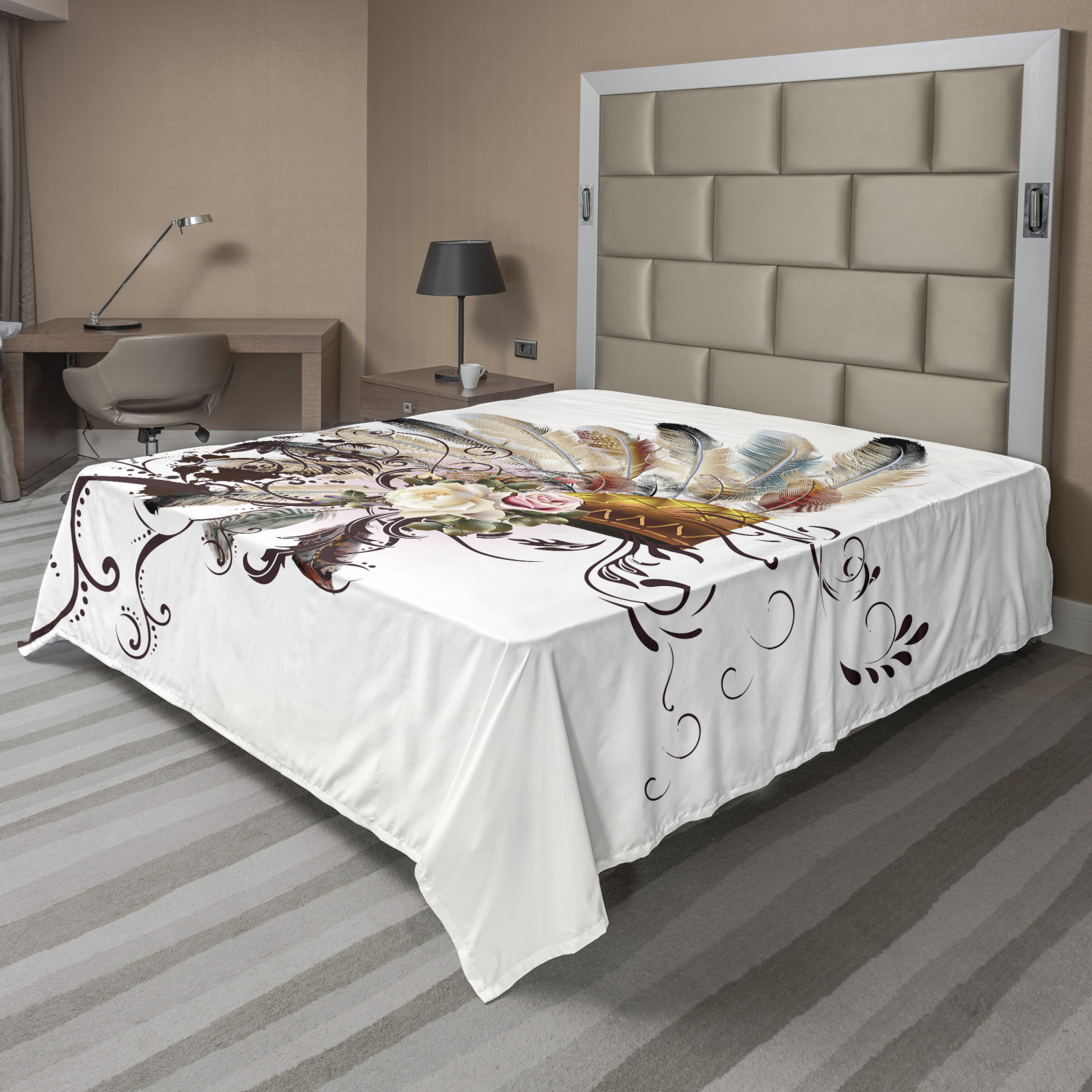 Ambesonne Feather Boho Flat Sheet Top Sheet Decorative Bedding 6 Sizes - Picture 21 of 42