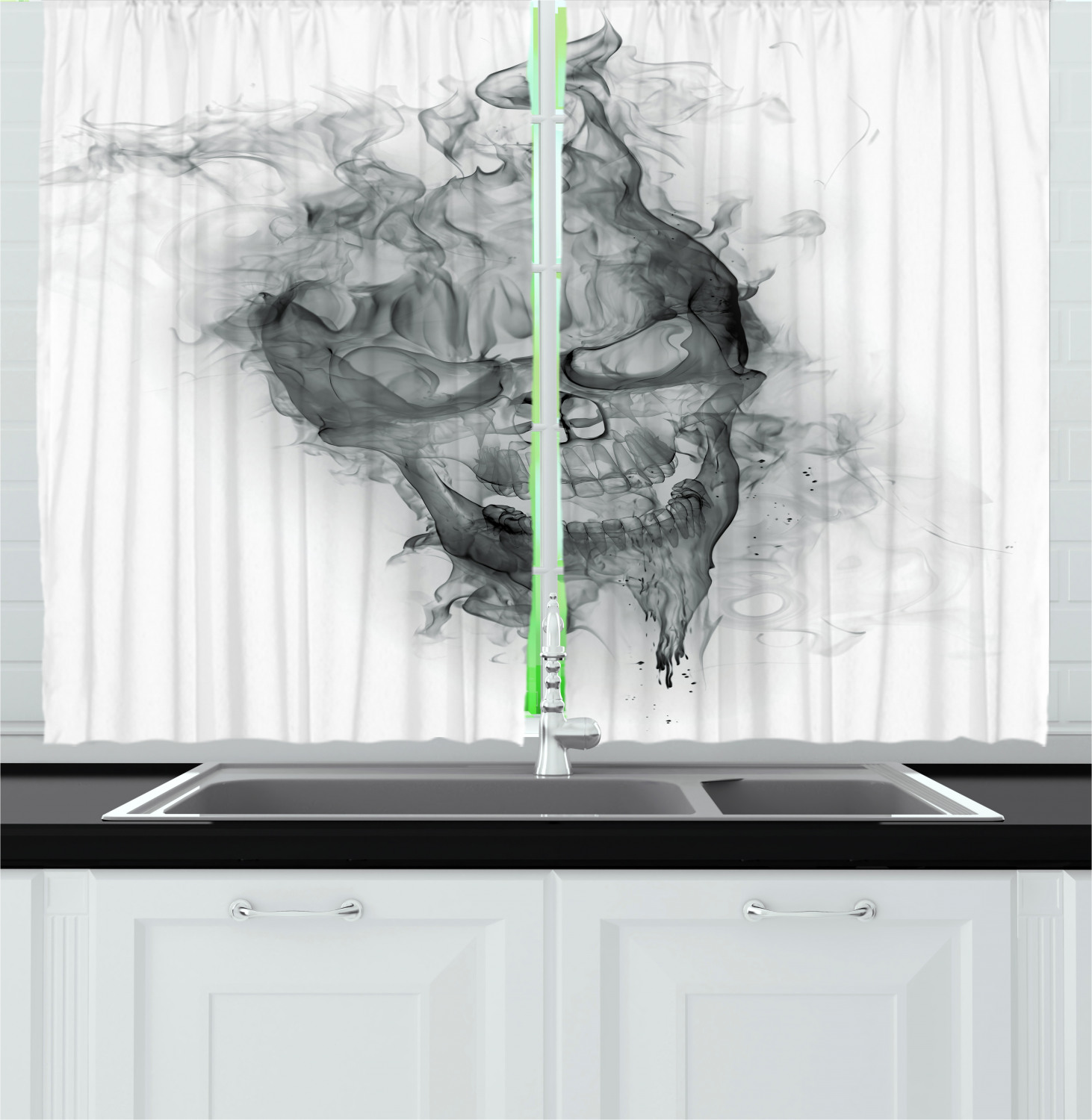 Skull Kitchen Curtains 2 Panel Set Window Drapes 55" X 39" Ambesonne - Picture 12 of 12