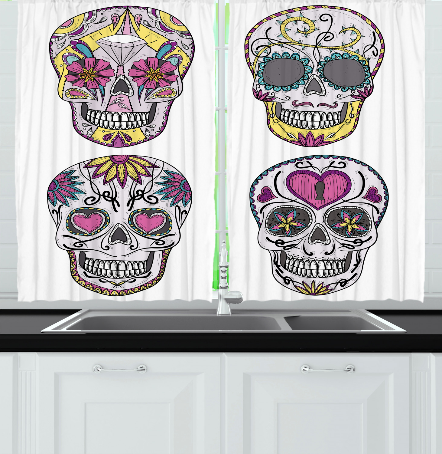 Skull Kitchen Curtains 2 Panel Set Window Drapes 55" X 39" Ambesonne - Picture 7 of 12