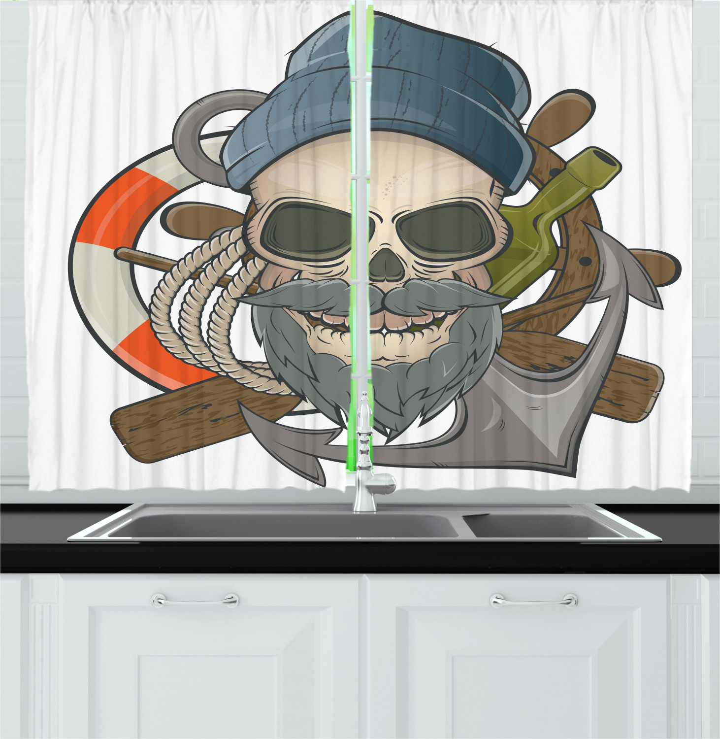 Skull Kitchen Curtains 2 Panel Set Window Drapes 55" X 39" Ambesonne - Picture 10 of 12