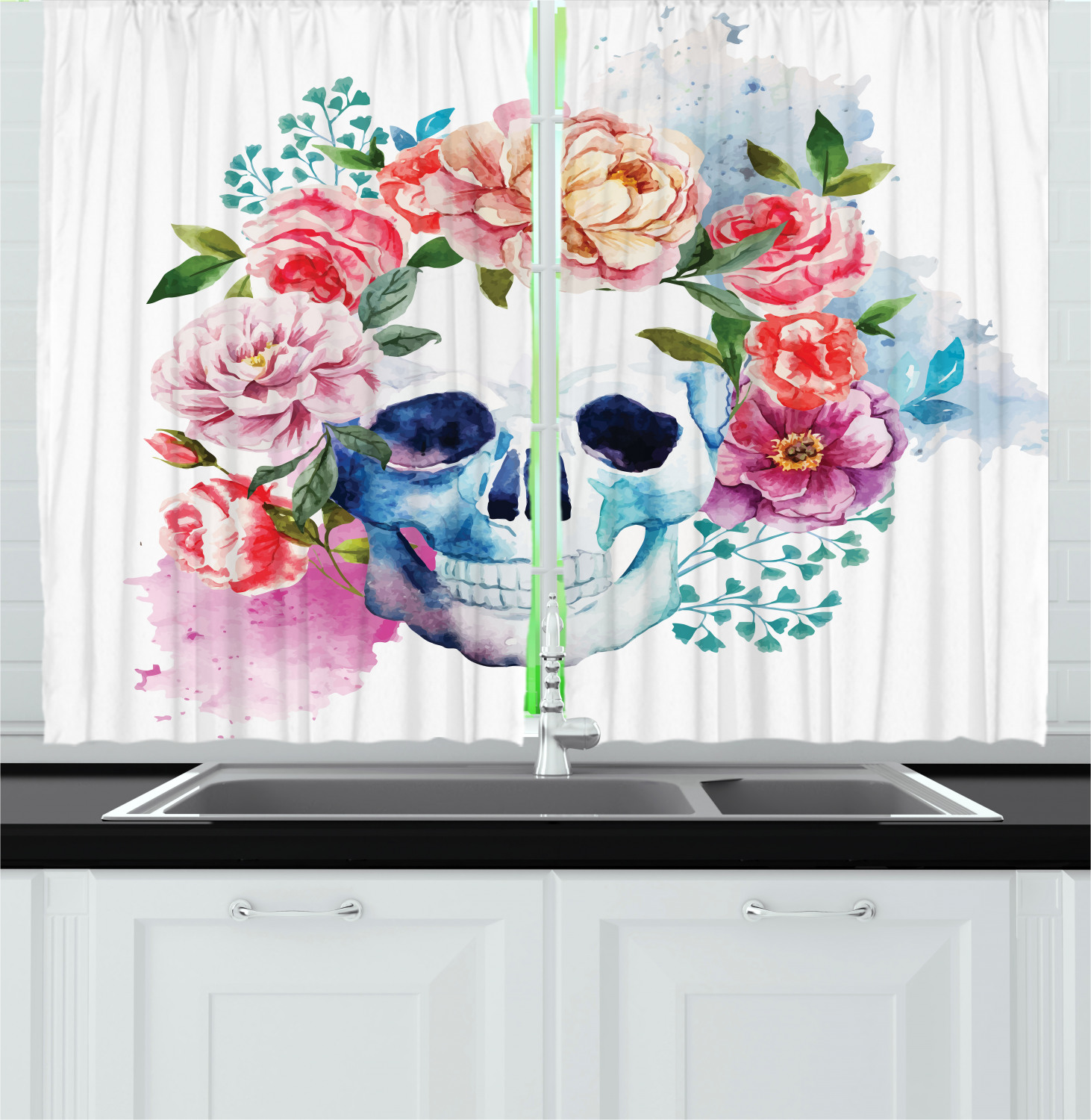 Skull Kitchen Curtains 2 Panel Set Window Drapes 55" X 39" Ambesonne - Picture 3 of 12