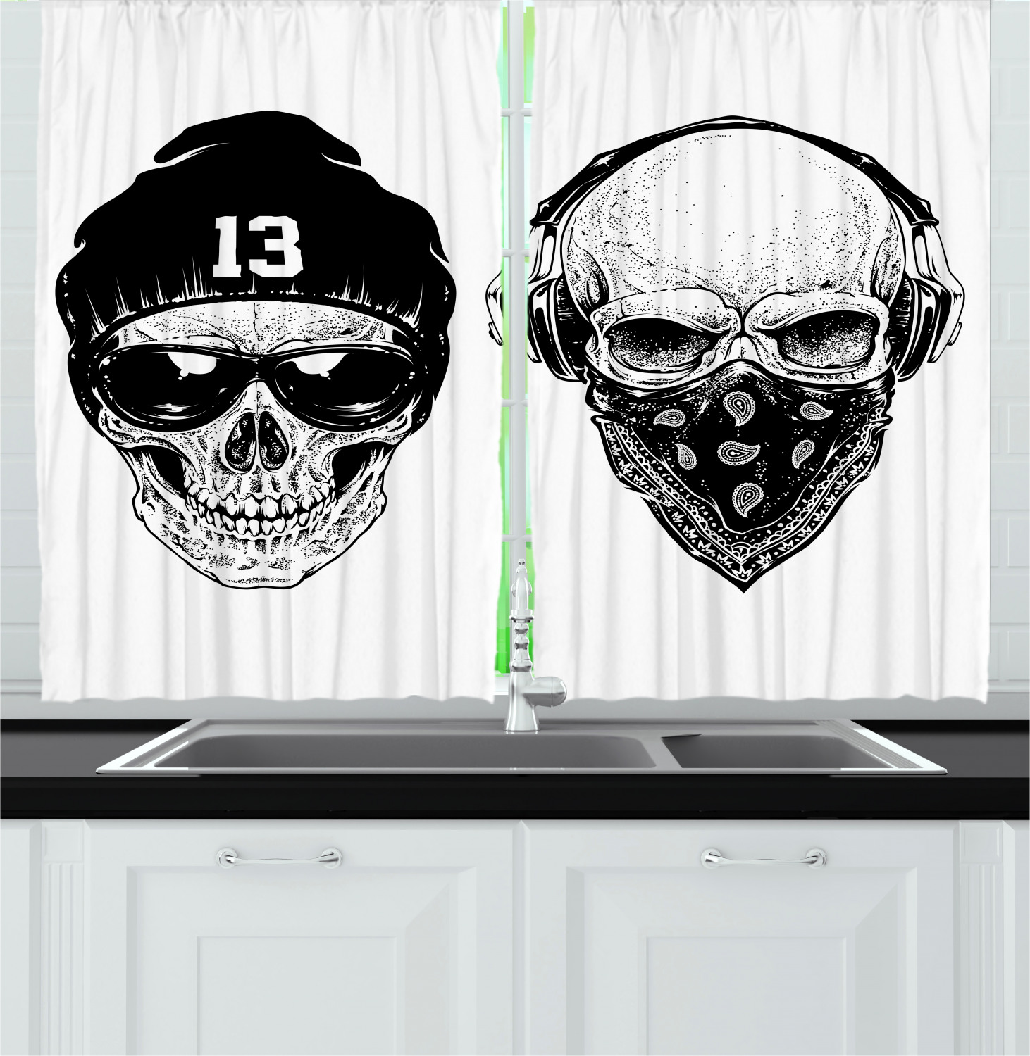 Skull Kitchen Curtains 2 Panel Set Window Drapes 55" X 39" Ambesonne - Picture 11 of 12