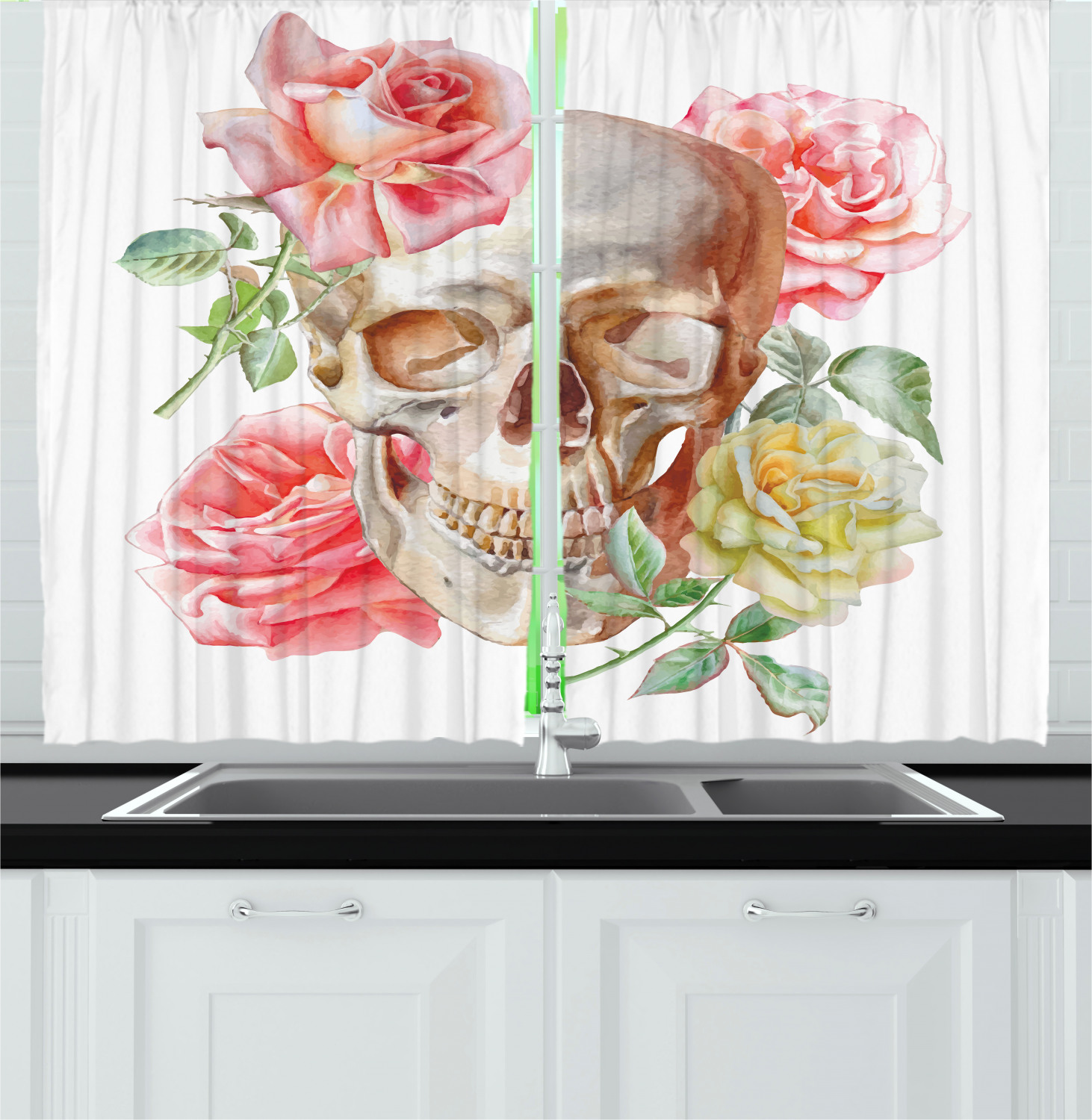 Skull Kitchen Curtains 2 Panel Set Window Drapes 55" X 39" Ambesonne - Picture 9 of 12