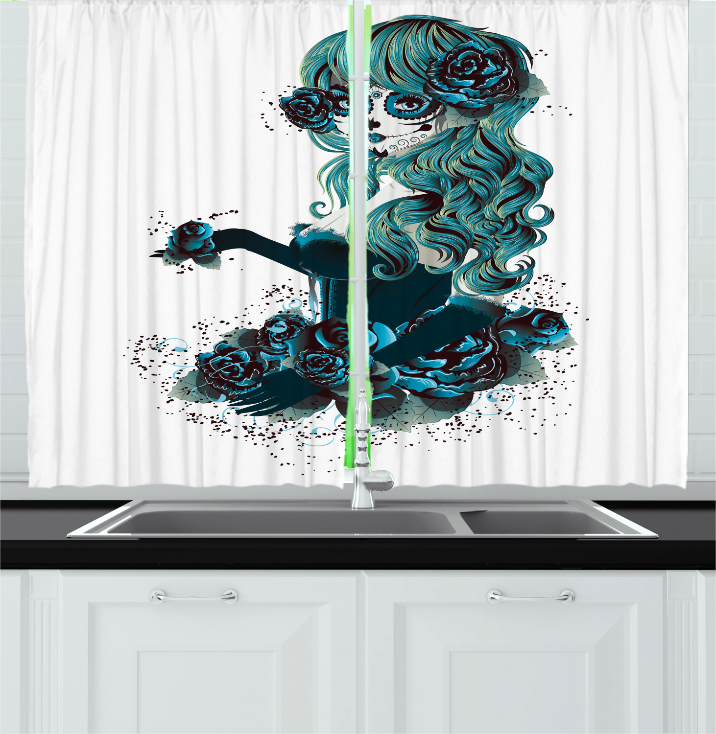 Skull Kitchen Curtains 2 Panel Set Window Drapes 55" X 39" Ambesonne - Picture 6 of 12
