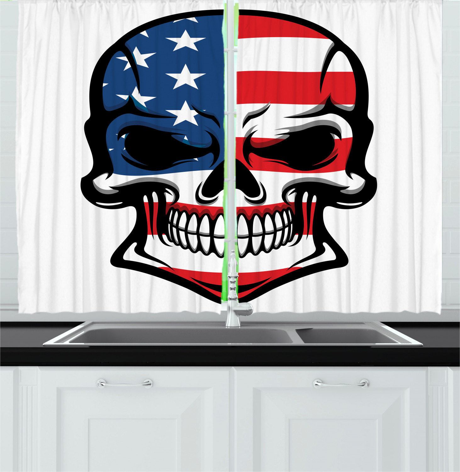 Skull Kitchen Curtains 2 Panel Set Window Drapes 55" X 39" Ambesonne - Picture 8 of 12