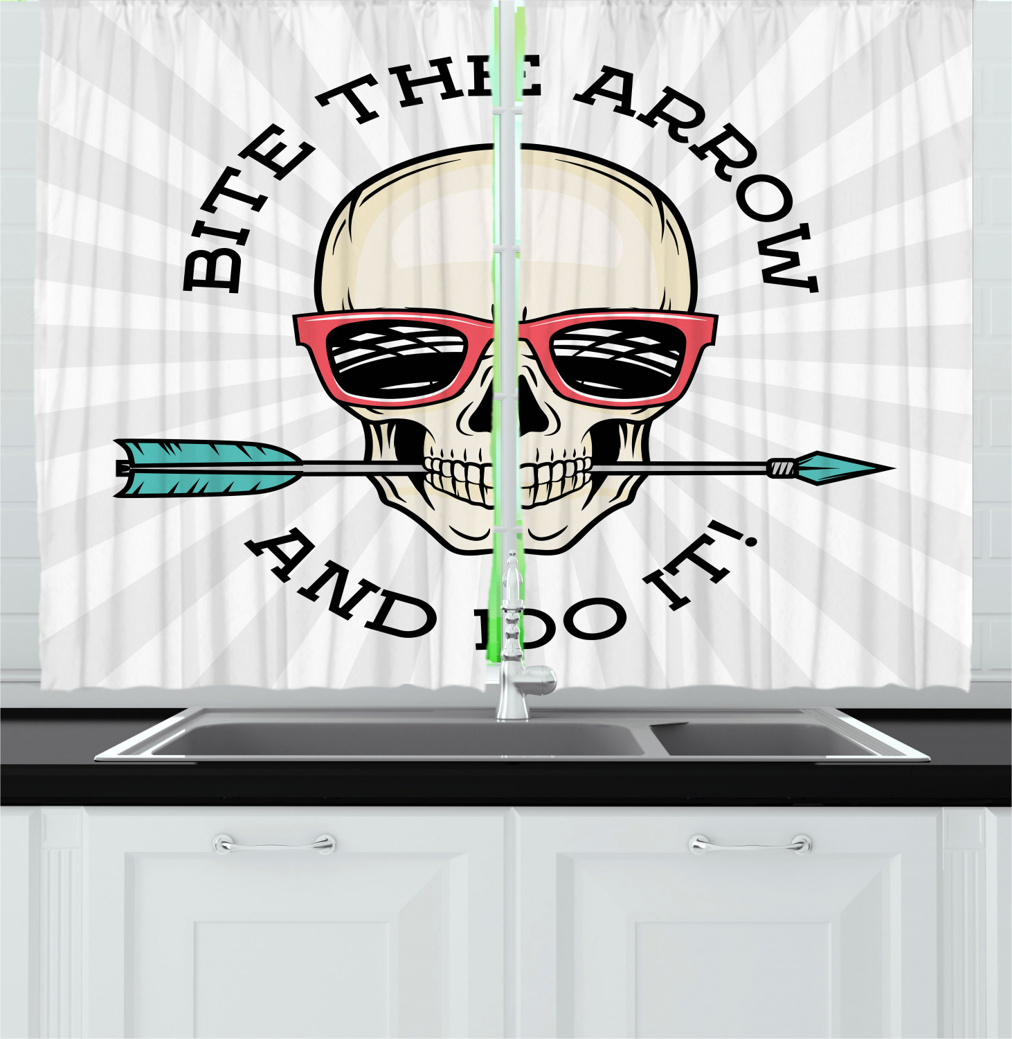 Skull Kitchen Curtains 2 Panel Set Window Drapes 55" X 39" Ambesonne - Picture 2 of 12