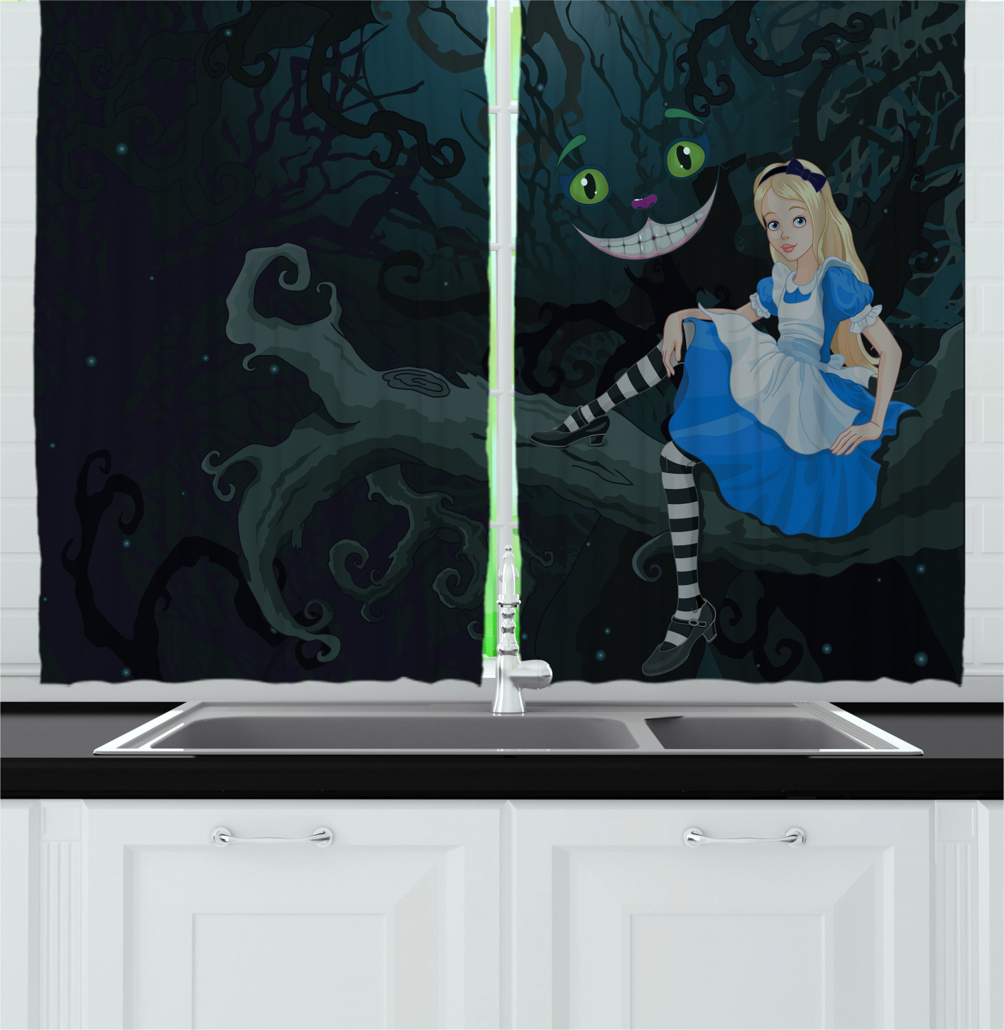 Alice in Wonderland Kitchen Curtains 2 Panel Set Window Drapes 55" X 39" - Picture 3 of 11