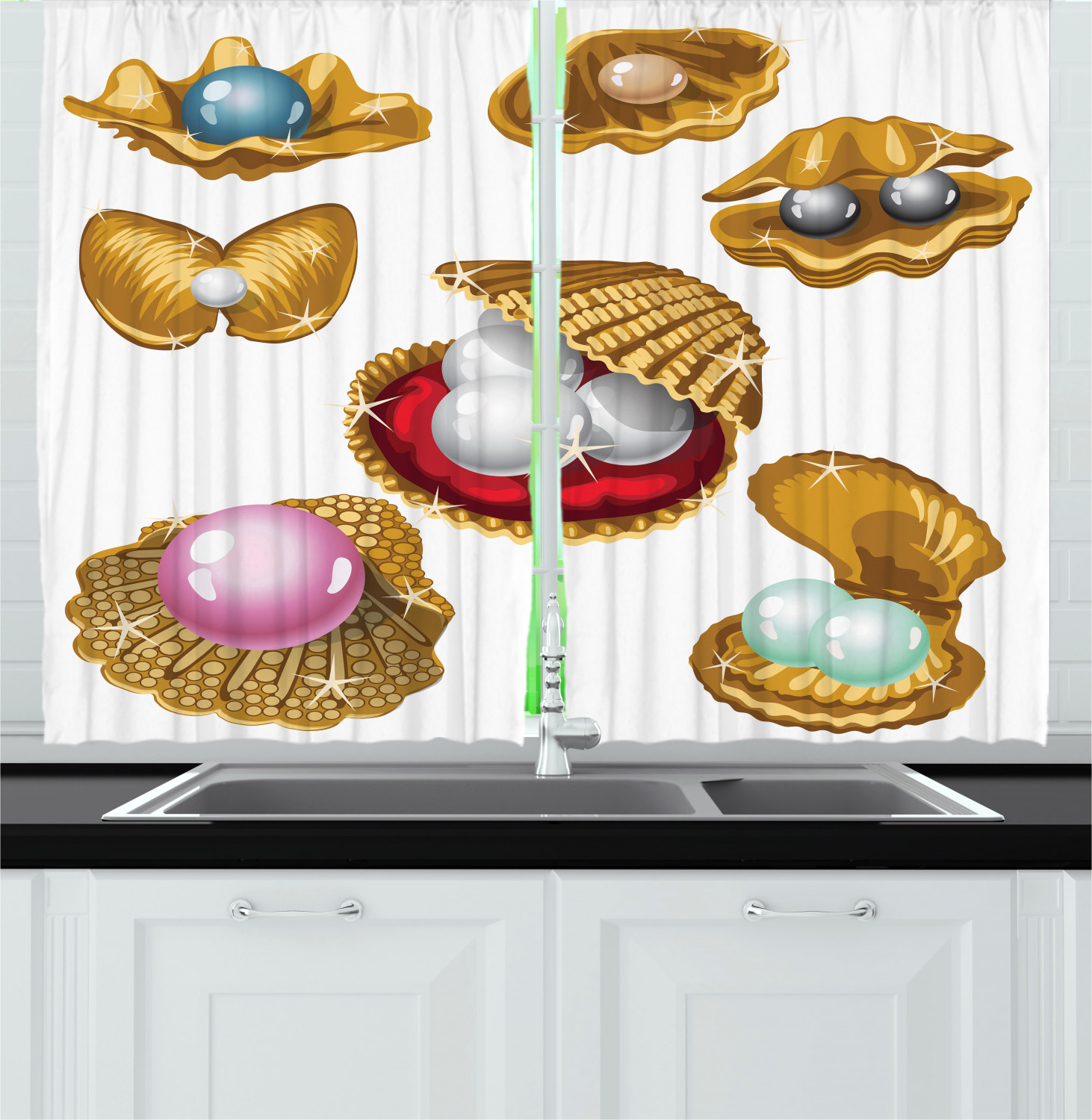Pearls Kitchen Curtains 2 Panel Set Window Drapes 55" X 39" Ambesonne - Bild 21 von 24