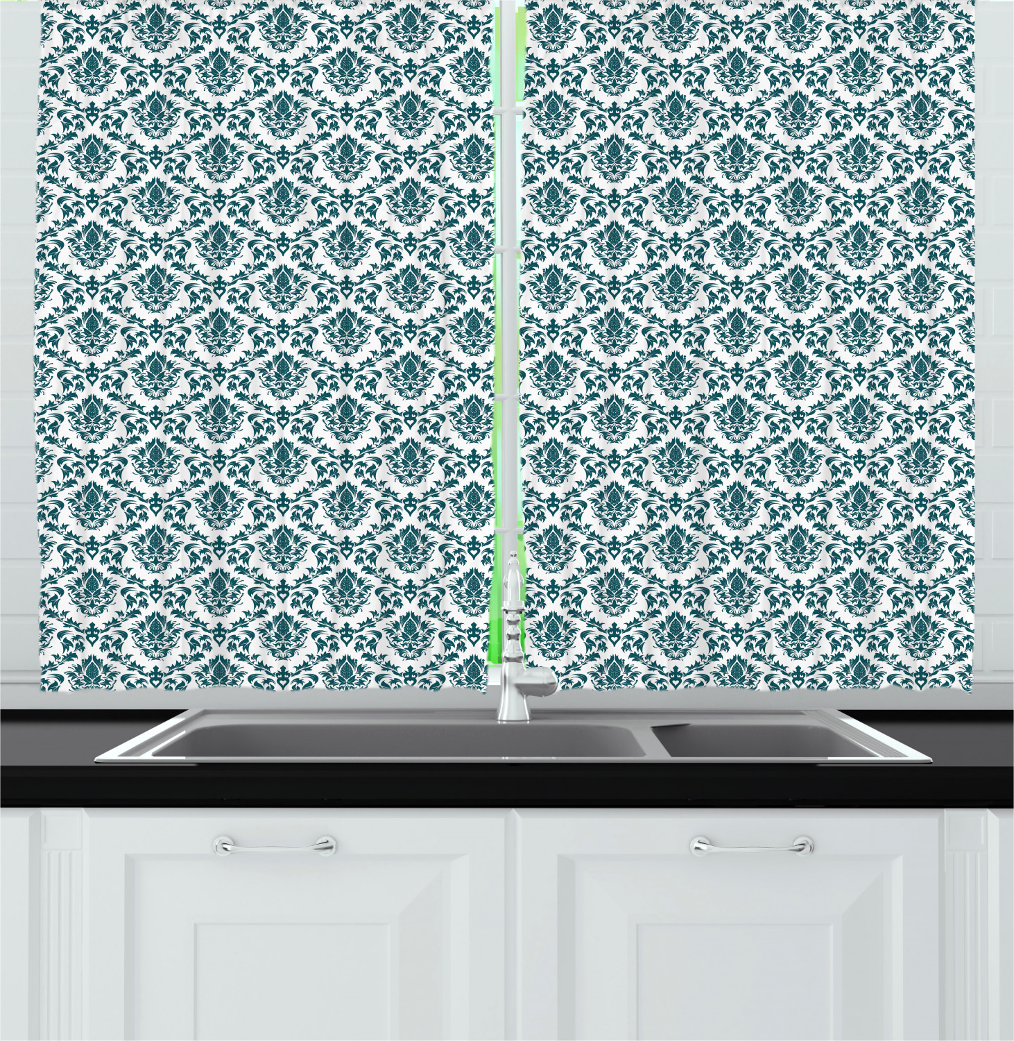 Boho Damask Kitchen Curtains 2 Panel Set Window Drapes 55