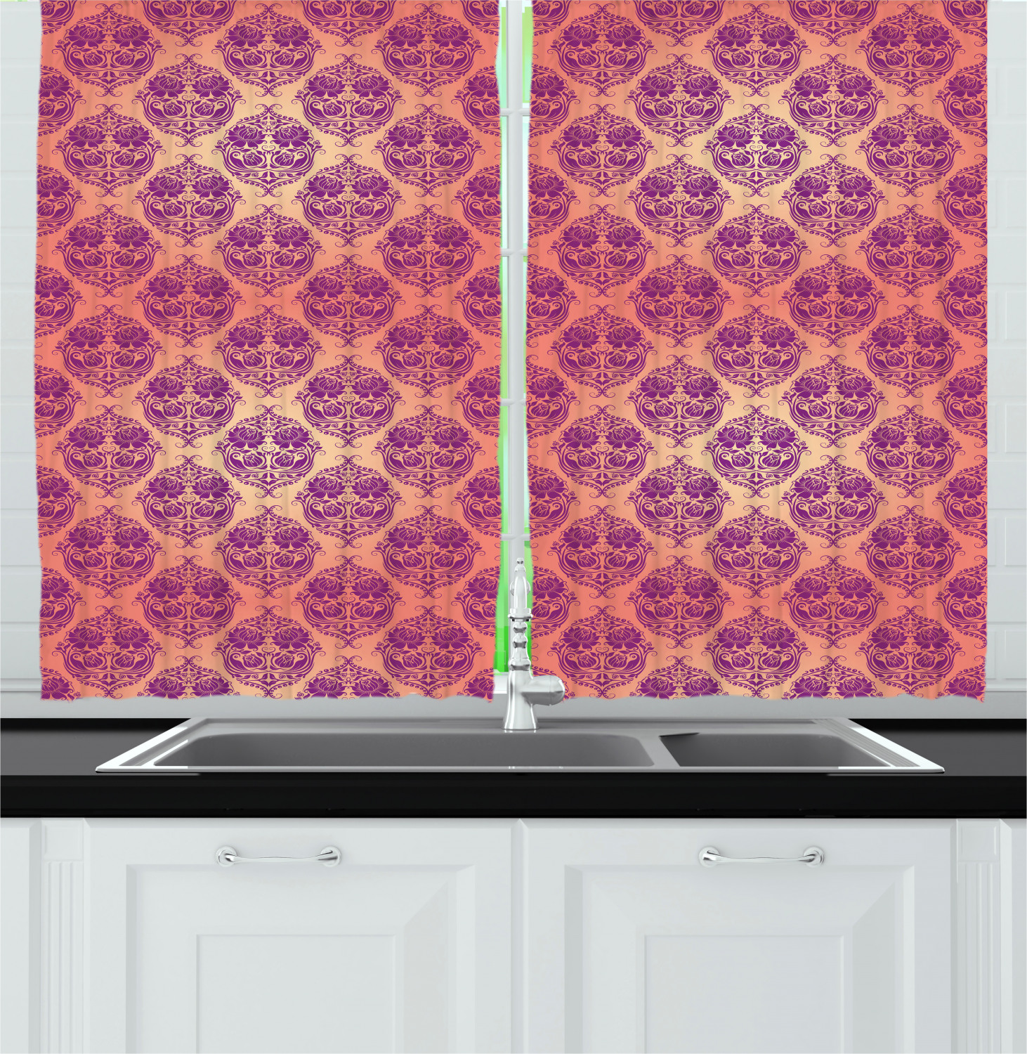 Boho Damask Kitchen Curtains 2 Panel Set Window Drapes 55" X 39
