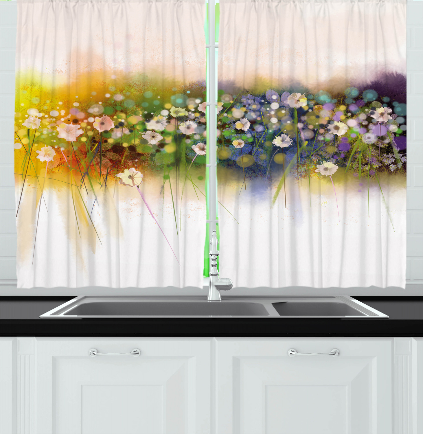 Spring Floral Kitchen Curtains 2 Panel Set Window Drapes 55" X 39
