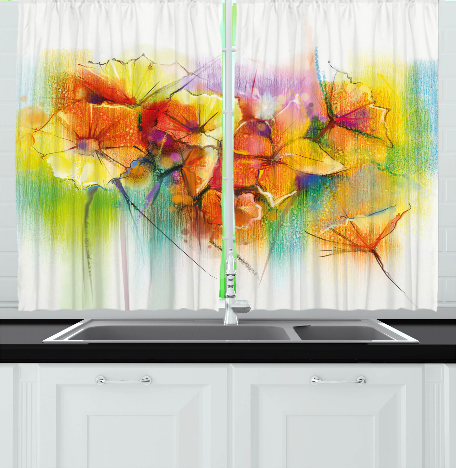 Spring Floral Kitchen Curtains 2 Panel Set Window Drapes 55" X 39 ...