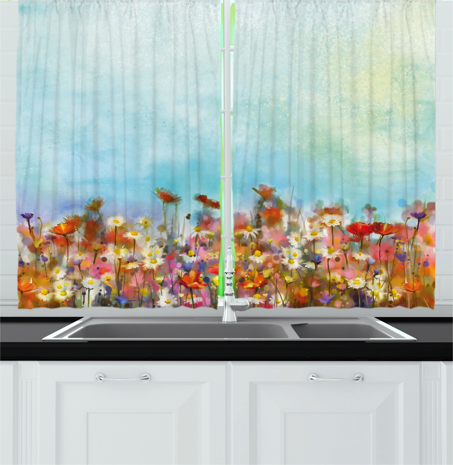 Spring Floral Kitchen Curtains 2 Panel Set Window Drapes 55" X 39 ...