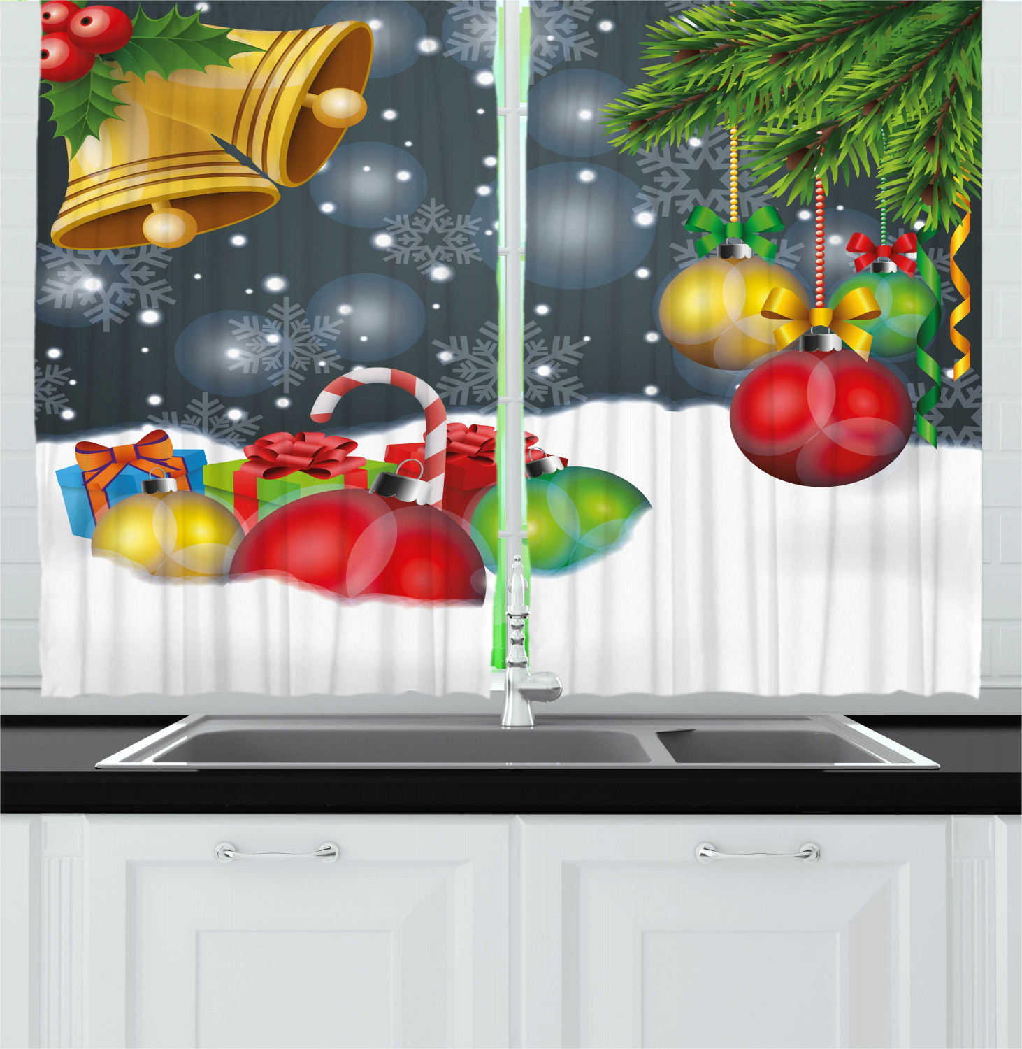 Christmas Elements Kitchen Curtains 2 Panel Set Window Drapes 55" X 39