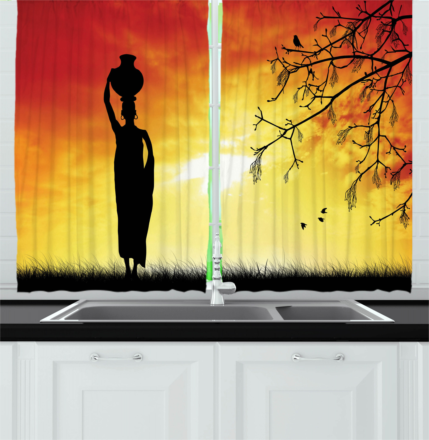 Africa Kitchen Curtains 2 Panel Set Window Drapes 55" X 39" Ambesonne - Picture 18 of 18