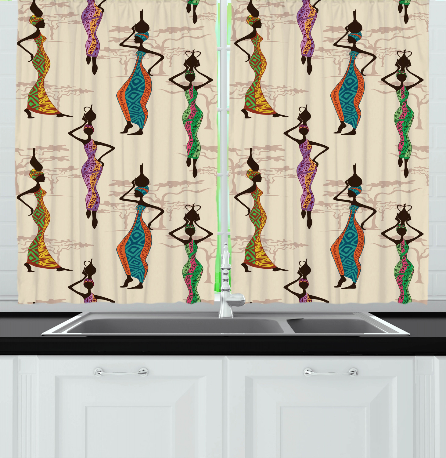 Africa Kitchen Curtains 2 Panel Set Window Drapes 55" X 39" Ambesonne - Picture 15 of 18