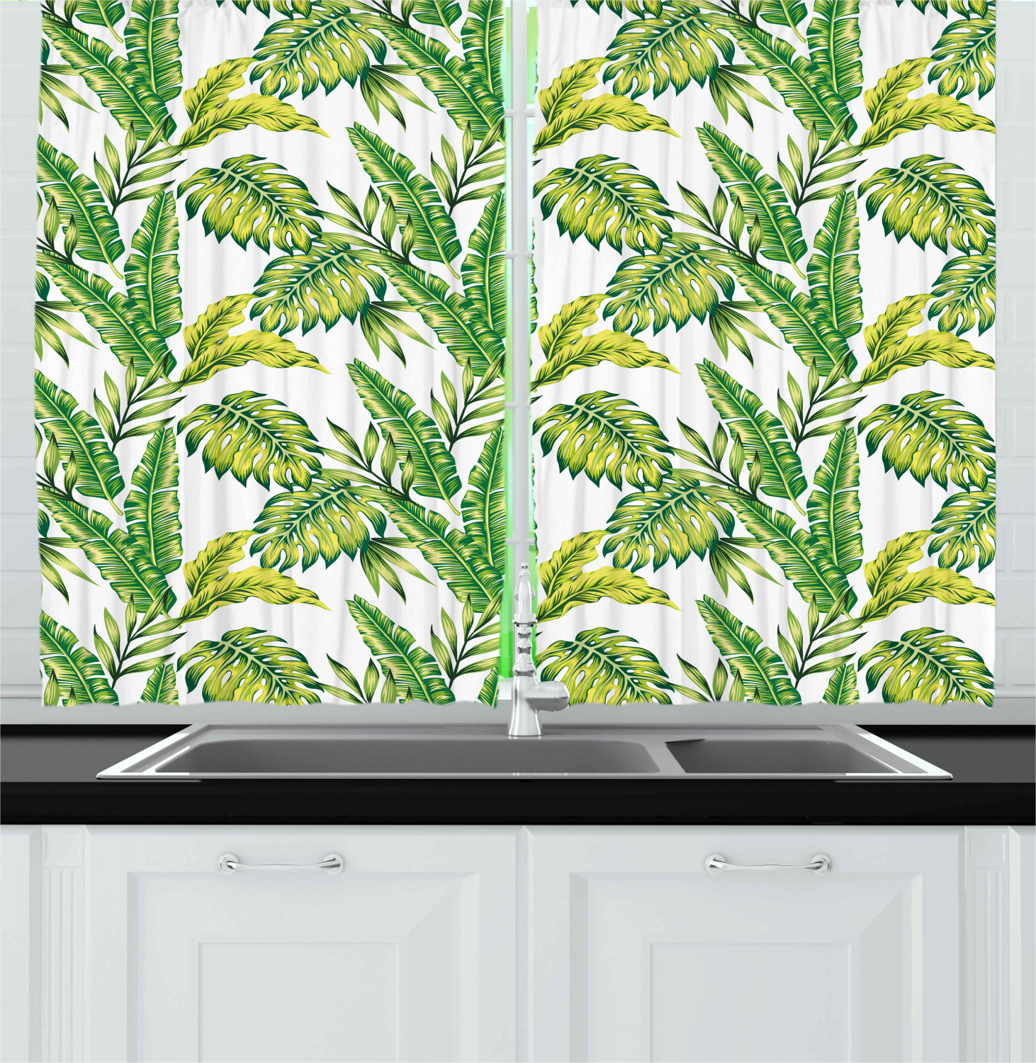 Tropical Leaf Kitchen Curtains 2 Panel Set Window Drapes 55" X 39" - Picture 5 of 13