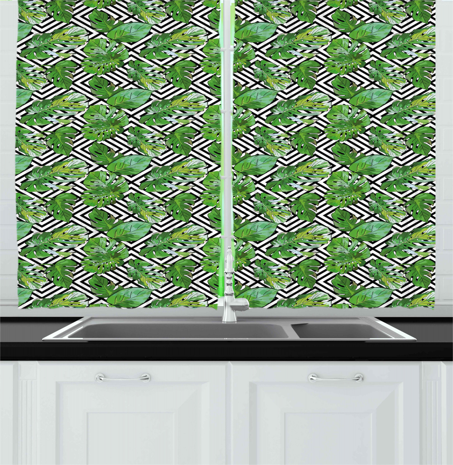Tropical Leaf Kitchen Curtains 2 Panel Set Window Drapes 55" X 39" - Picture 10 of 13