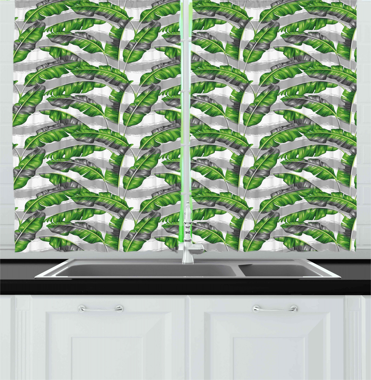 Tropical Leaf Kitchen Curtains 2 Panel Set Window Drapes 55" X 39" - Picture 2 of 13
