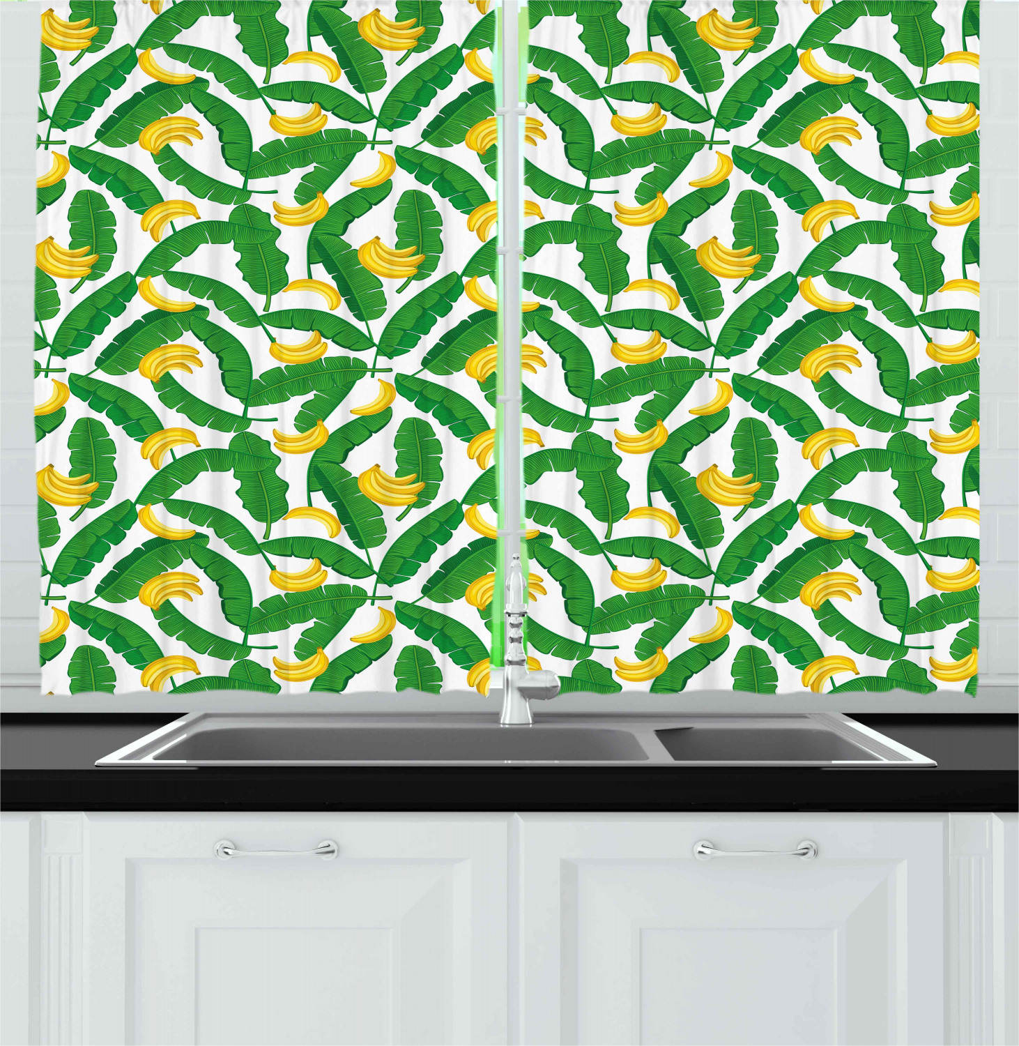 Tropical Leaf Kitchen Curtains 2 Panel Set Window Drapes 55" X 39" - Picture 7 of 13